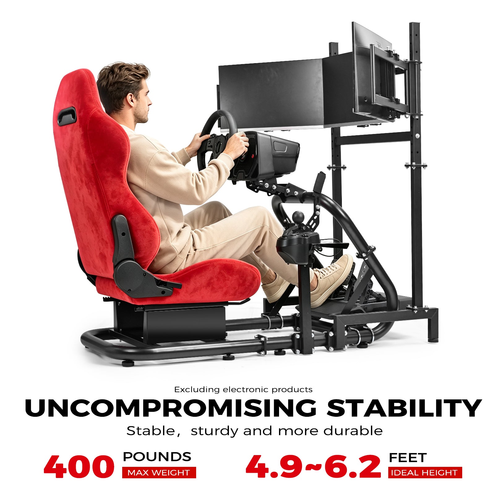 Minneer Racing Simulator Cockpit with triple monitor stand and Suede seat Compatible with Logitech/Thrustmaster/Fanatec G29 G920 G923 T300RS CSL-DD, excludes steering wheel, pedals, monitor and gear shifter