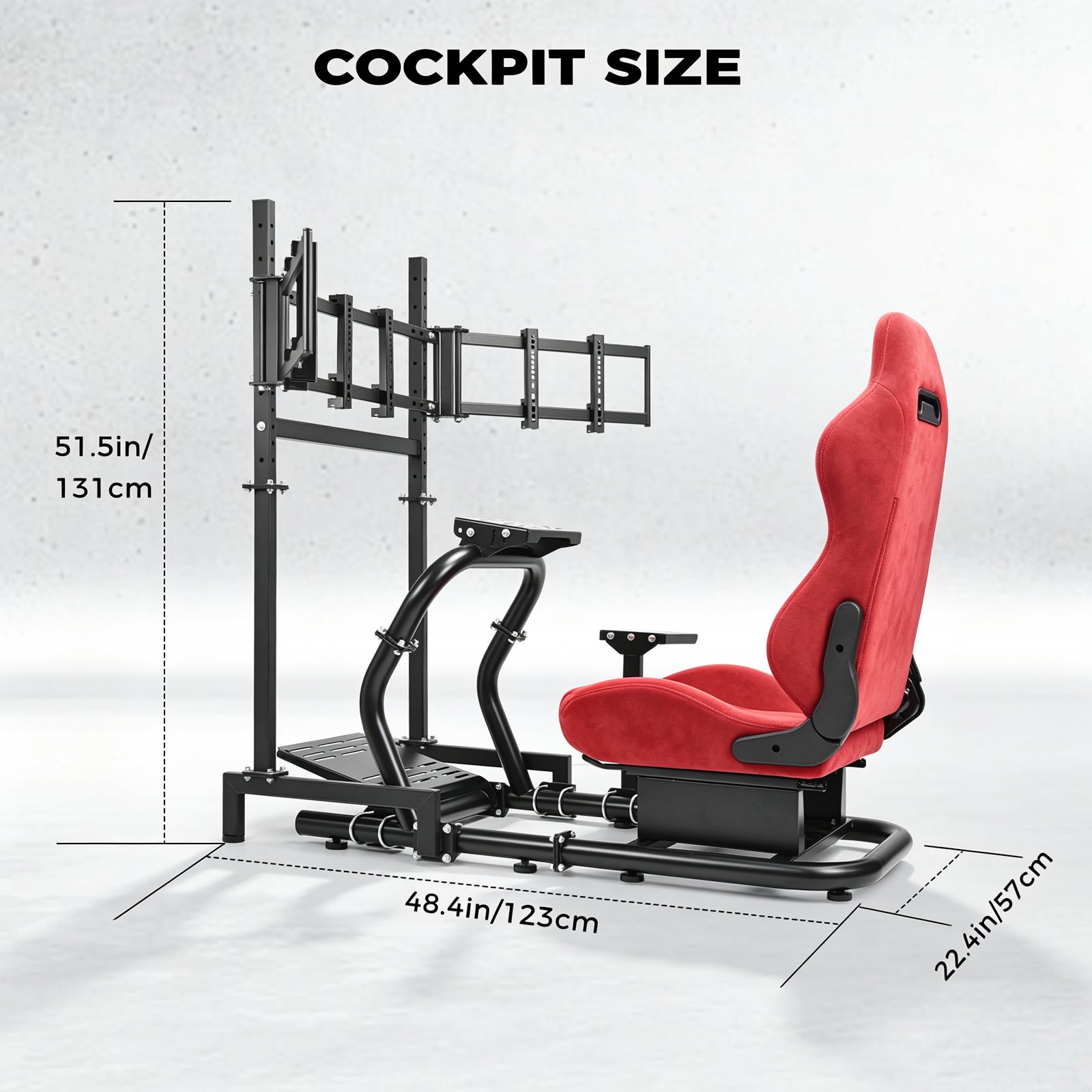 Minneer 50MM Adjustable Racing Cockpit with Red Suede Seat Triple Monitor stand Fit for Logitech G29 G920 G923, for Thrustmaster, for Fanatec Adjustable Racing Wheel Stand, Gaming Race Cockpit Without Steering Wheel Pedal Shifter