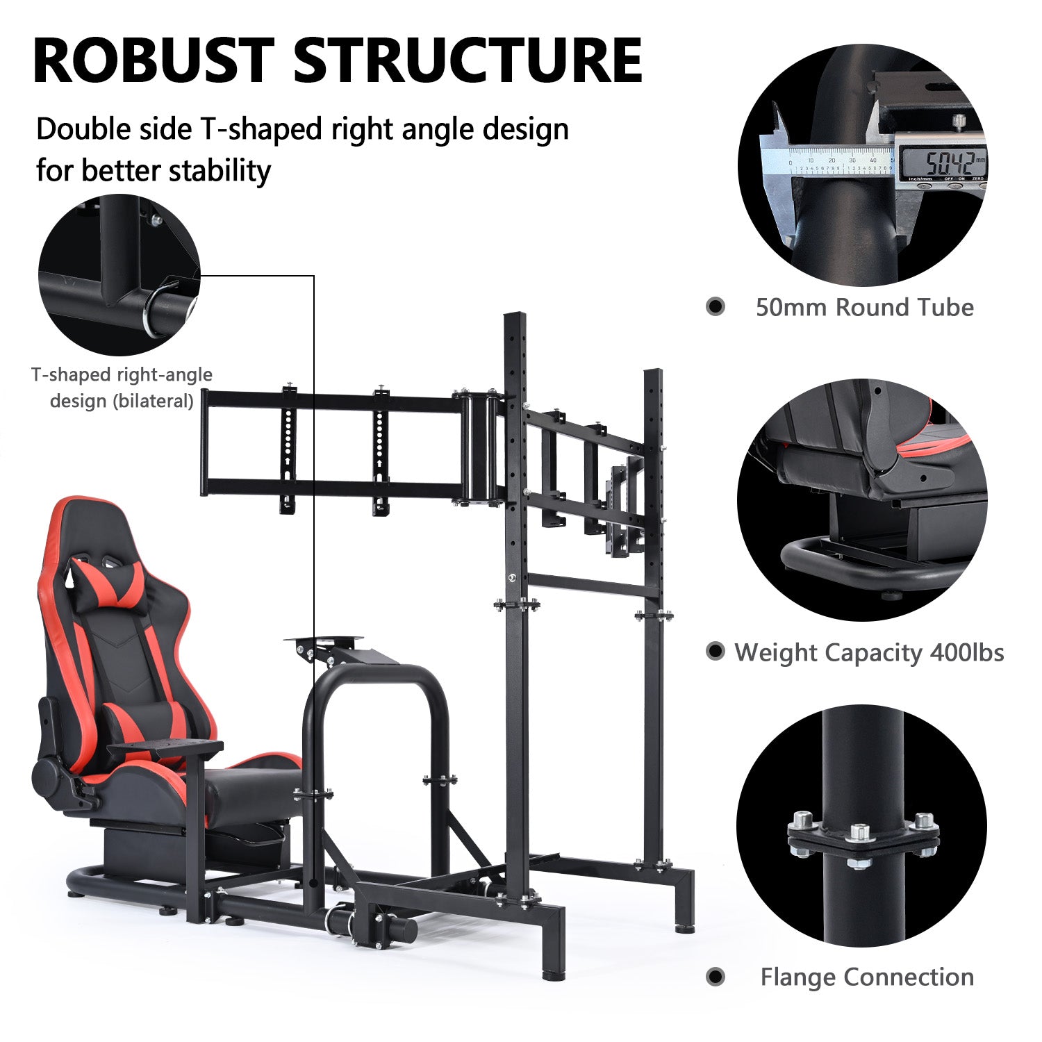 Minneer Racing Sim Cockpit with Triple Monitor Stand and Red Seat, Wide Compatibility, Fit for Logitech,Thrustmaster, Fanatec G29 G923 T248, Not Include Steering Wheel,Pedals,Handbrake