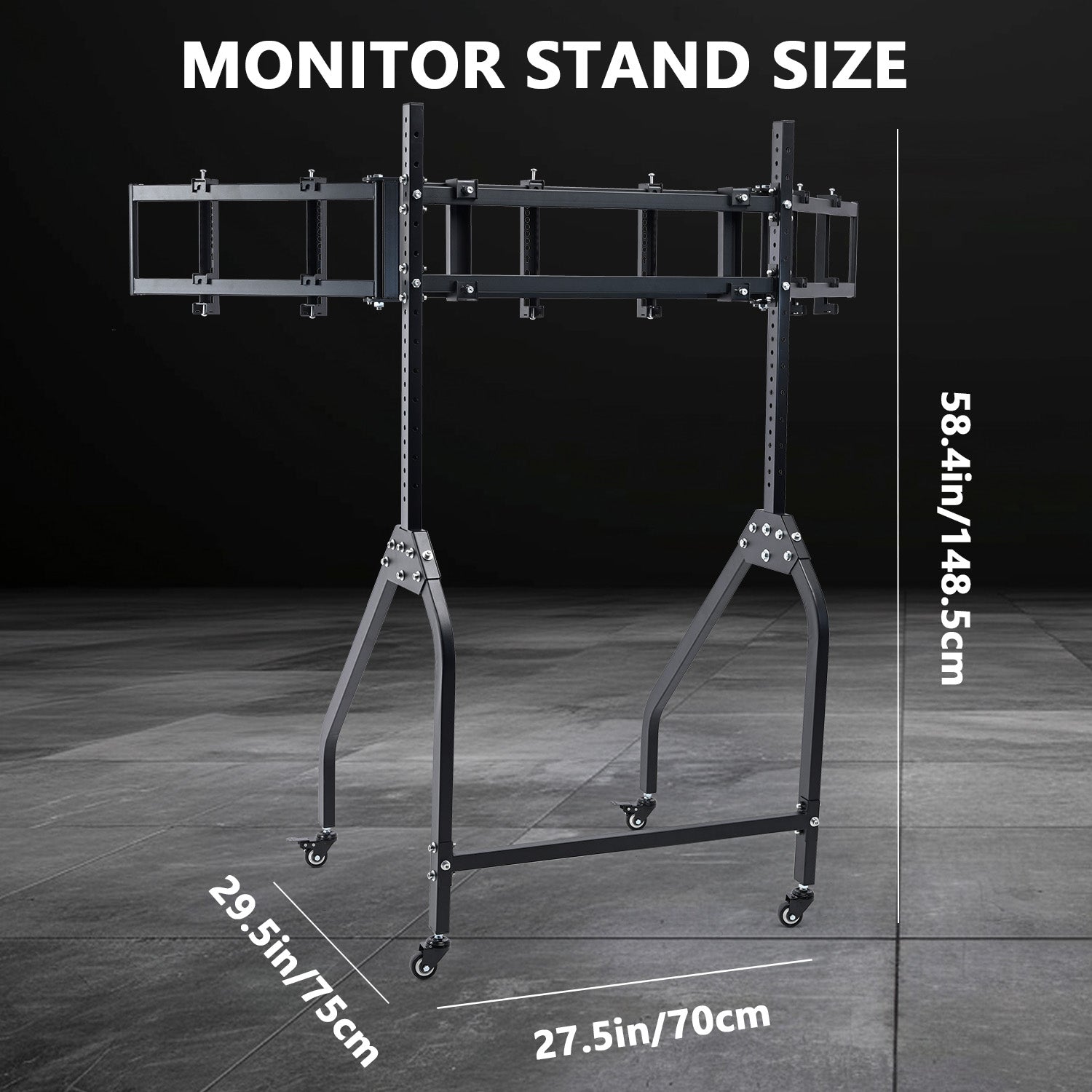 Minneer Triple Monitor Stand with Brake Casters , Ergonomic Height/Tilt/Spacing Adjustment for 27 to 32 inch Monitors , Gaming Workstation Setup