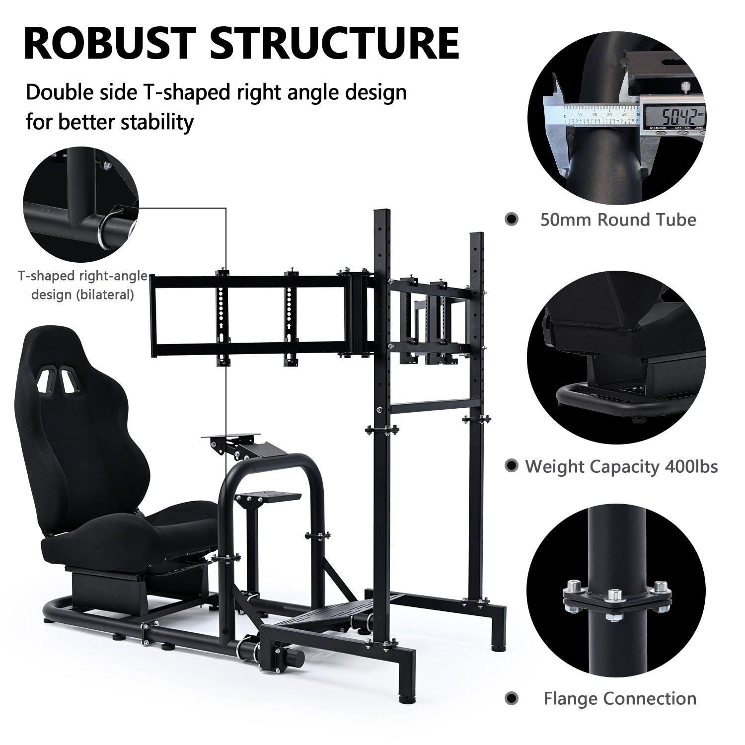 Minneer Racing Sim Cockpit with Triple Monitor Stand and Black Seat, Wide Compatibility, Fit for Logitech,Thrustmaster, Fanatec G29 G923 T248, Not Include Steering Wheel,Pedals,Handbrake