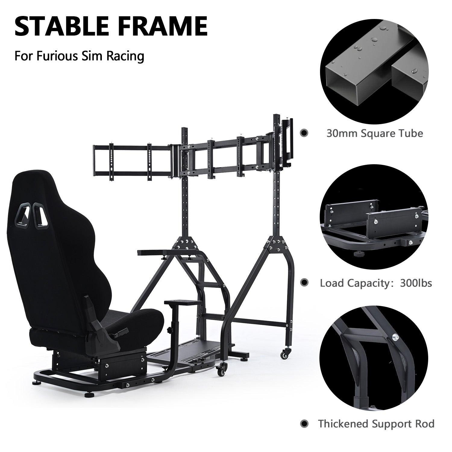 Minneer Steering Wheel Stand Racing Cockpit with Black Seat Triple Monitor stand ,Unobstructed Design for Both Legs,Fit for Logitech/Thrustmaster G29,G920,T300RS,T80, Adjustable, No Steering Wheel, Handbra