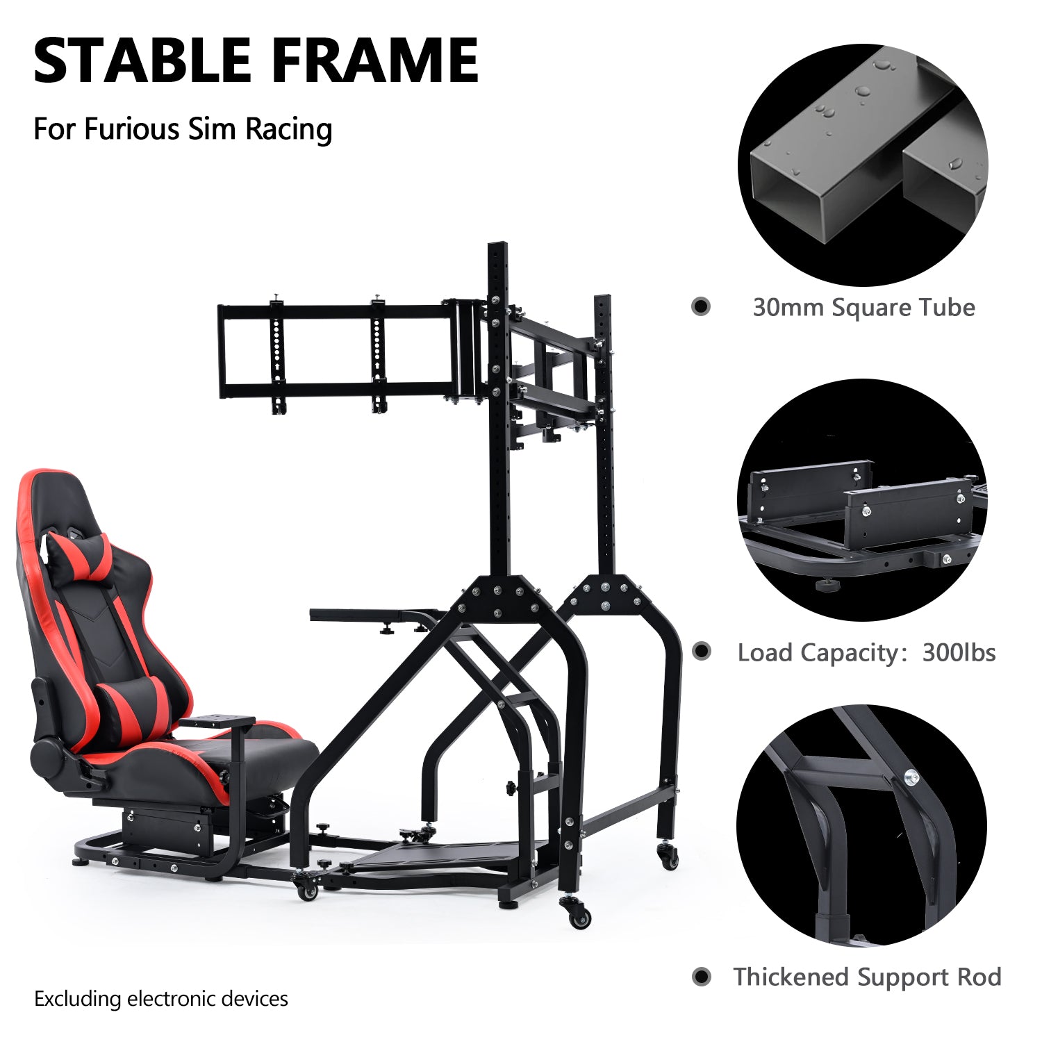 Minneer Steering Wheel Stand Racing Cockpit with Red Seat Triple Monitor stand ,Unobstructed Design for Both Legs,Fit for Logitech/Thrustmaster G29,G920,G923,G25&T300RS,T80,T150 Adjustable, No Steering Wheel, Handbra