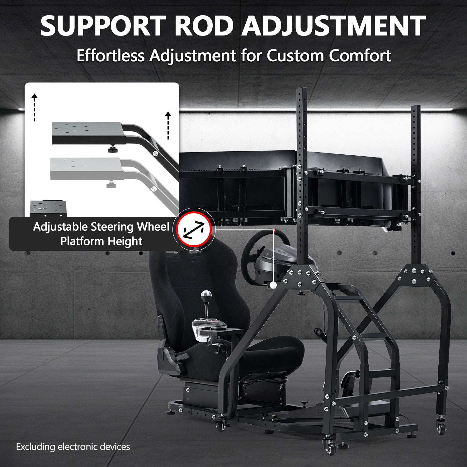 Minneer Steering Wheel Stand Racing Cockpit with Black Seat Triple Monitor stand ,Unobstructed Design for Both Legs,Fit for Logitech/Thrustmaster G29,G920,T300RS,T80, Adjustable, No Steering Wheel, Handbra