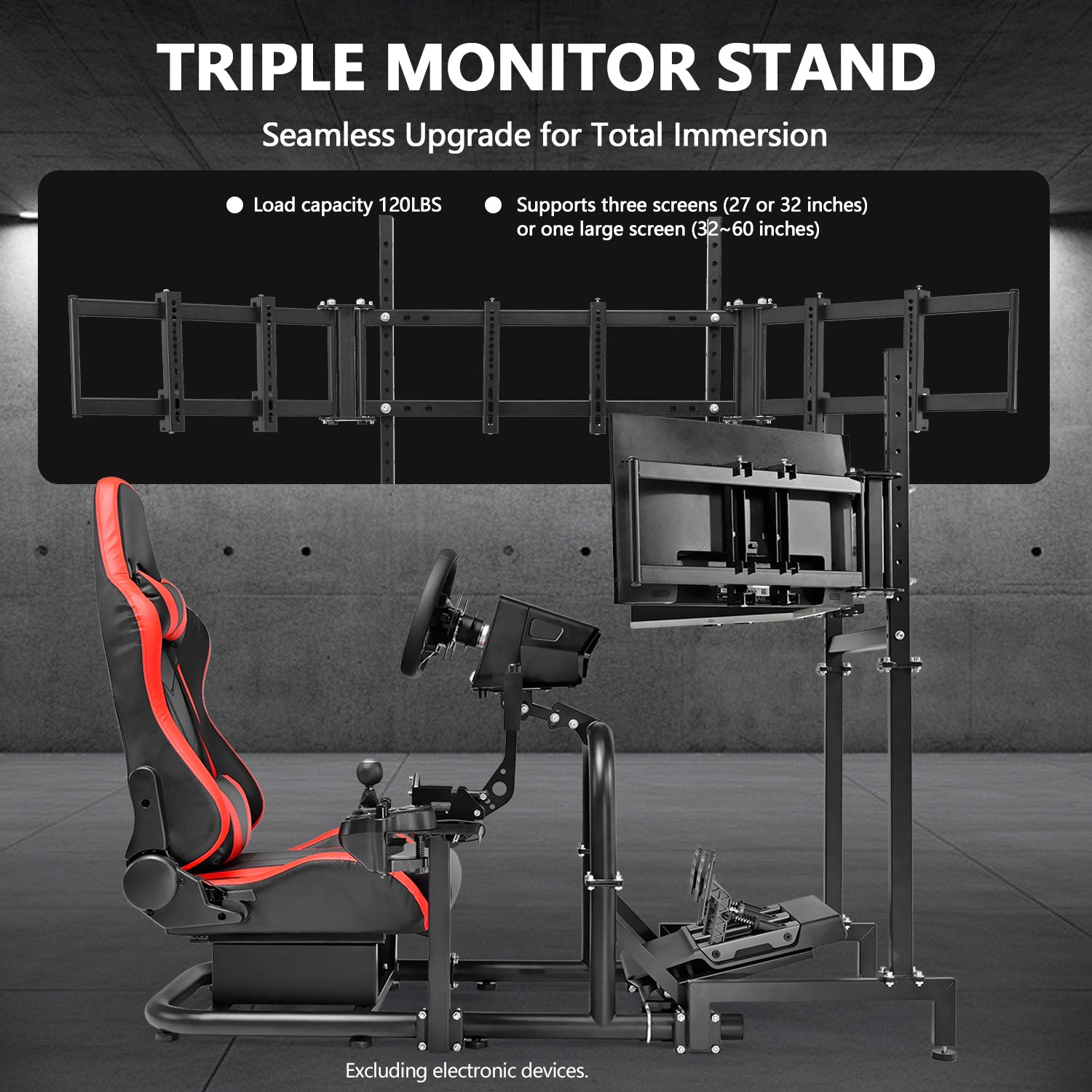 Minneer Racing Sim Cockpit with Triple Monitor Stand and Red Seat, Wide Compatibility, Fit for Logitech,Thrustmaster, Fanatec G29 G923 T248, Not Include Steering Wheel,Pedals,Handbrake