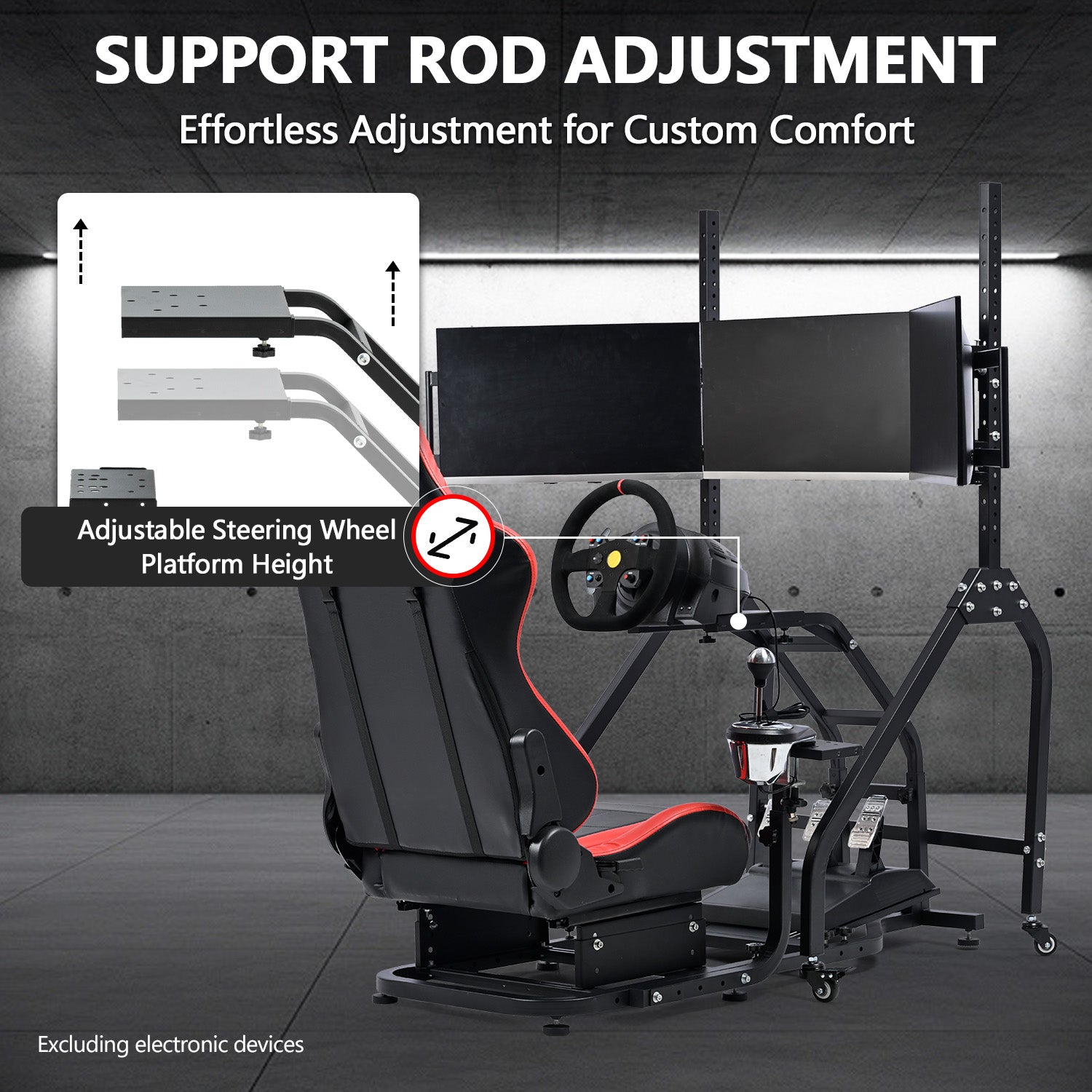 Minneer Steering Wheel Stand Racing Cockpit with Red Seat Triple Monitor stand ,Unobstructed Design for Both Legs,Fit for Logitech/Thrustmaster G29,G920,G923,G25&T300RS,T80,T150 Adjustable, No Steering Wheel, Handbra