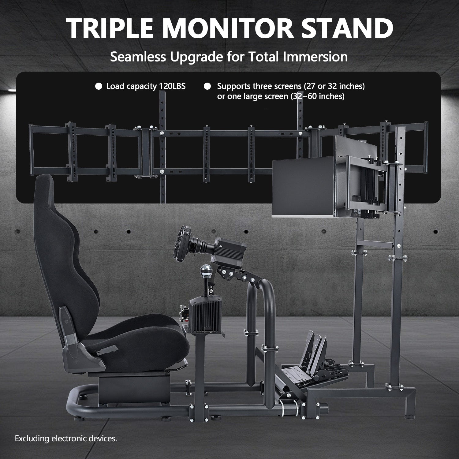 Minneer Racing Sim Cockpit with Triple Monitor Stand and Black Seat, Wide Compatibility, Fit for Logitech,Thrustmaster, Fanatec G29 G923 T248, Not Include Steering Wheel,Pedals,Handbrake