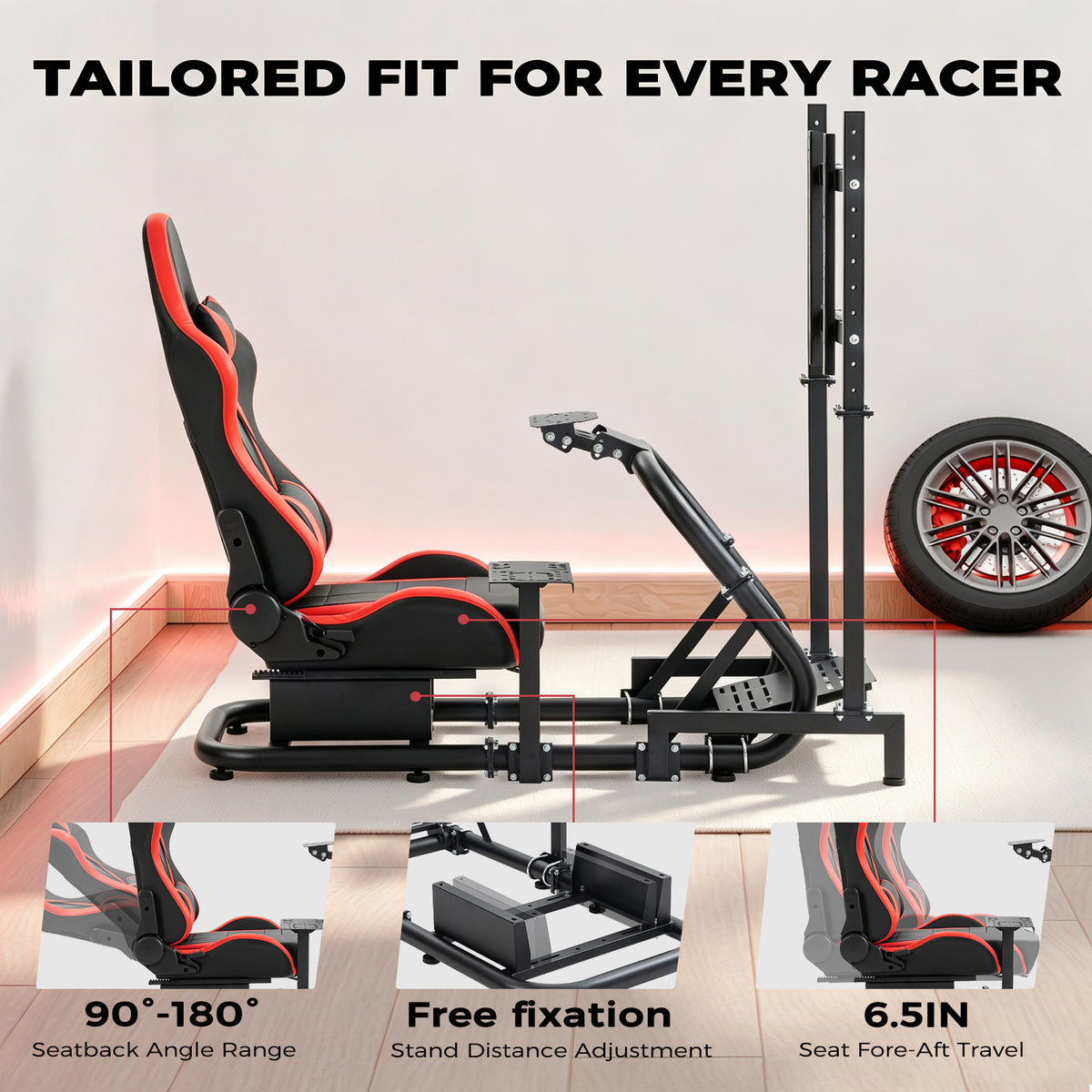 Minneer Immersive Racing Simulator Cockpit with Red Seat and TV Stand, Upgrade&Adjustable, Fit for Logitech/Fanatec/Thrustmaster G29 T248 T300, Steering Wheel Stand Not Included Wheel,Pedal & Handbrake