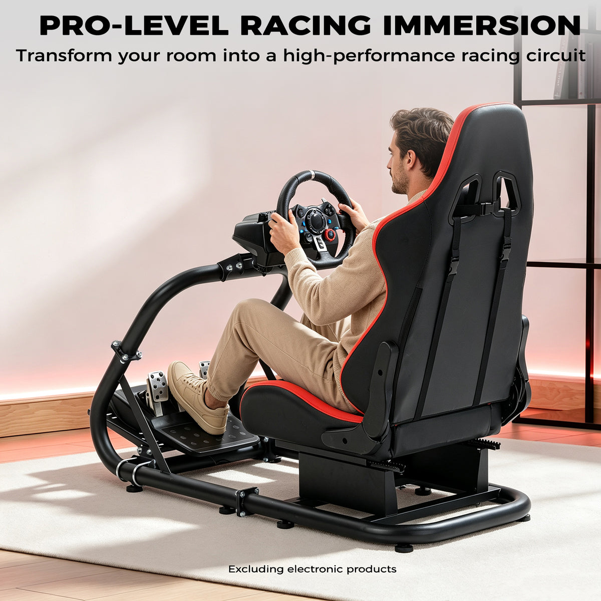 Minneer Racing Simulator Cockpit Pro with Seat Professional Sim Racing Wheel Frame Large Round Tube Fully Adjustable without Pedal Wheel and Handbrake