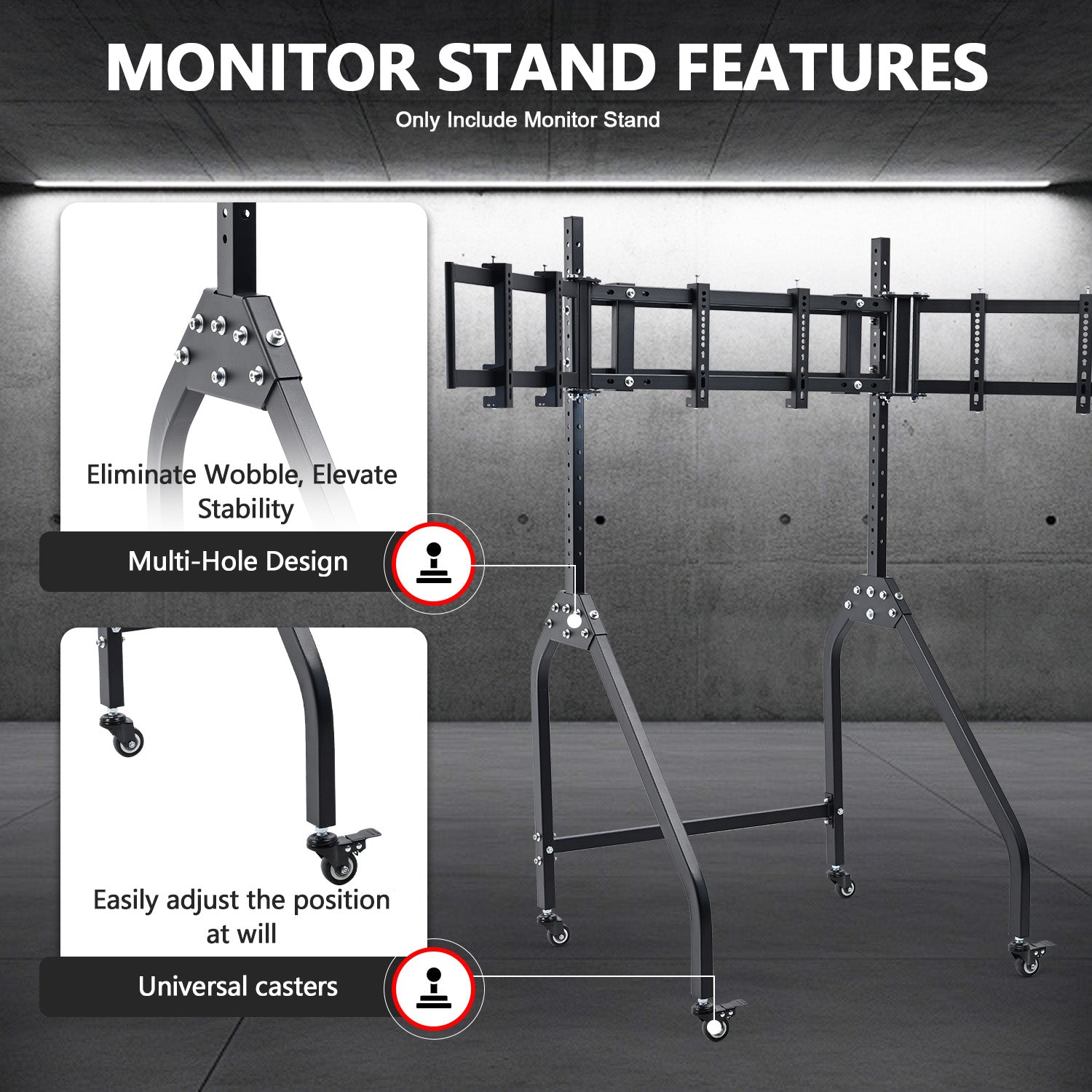 Minneer Triple Monitor Stand with Brake Casters , Ergonomic Height/Tilt/Spacing Adjustment for 27 to 32 inch Monitors , Gaming Workstation Setup