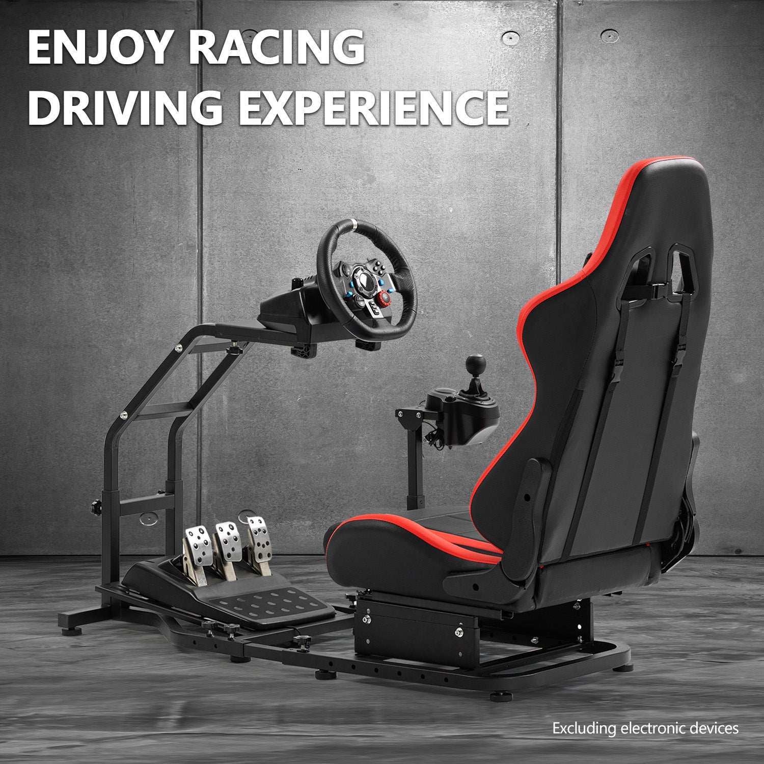 driving simulator steering wheel and pedals Minneer Driving Sim Cockpit with Red Seat Unobstructed Design for Both