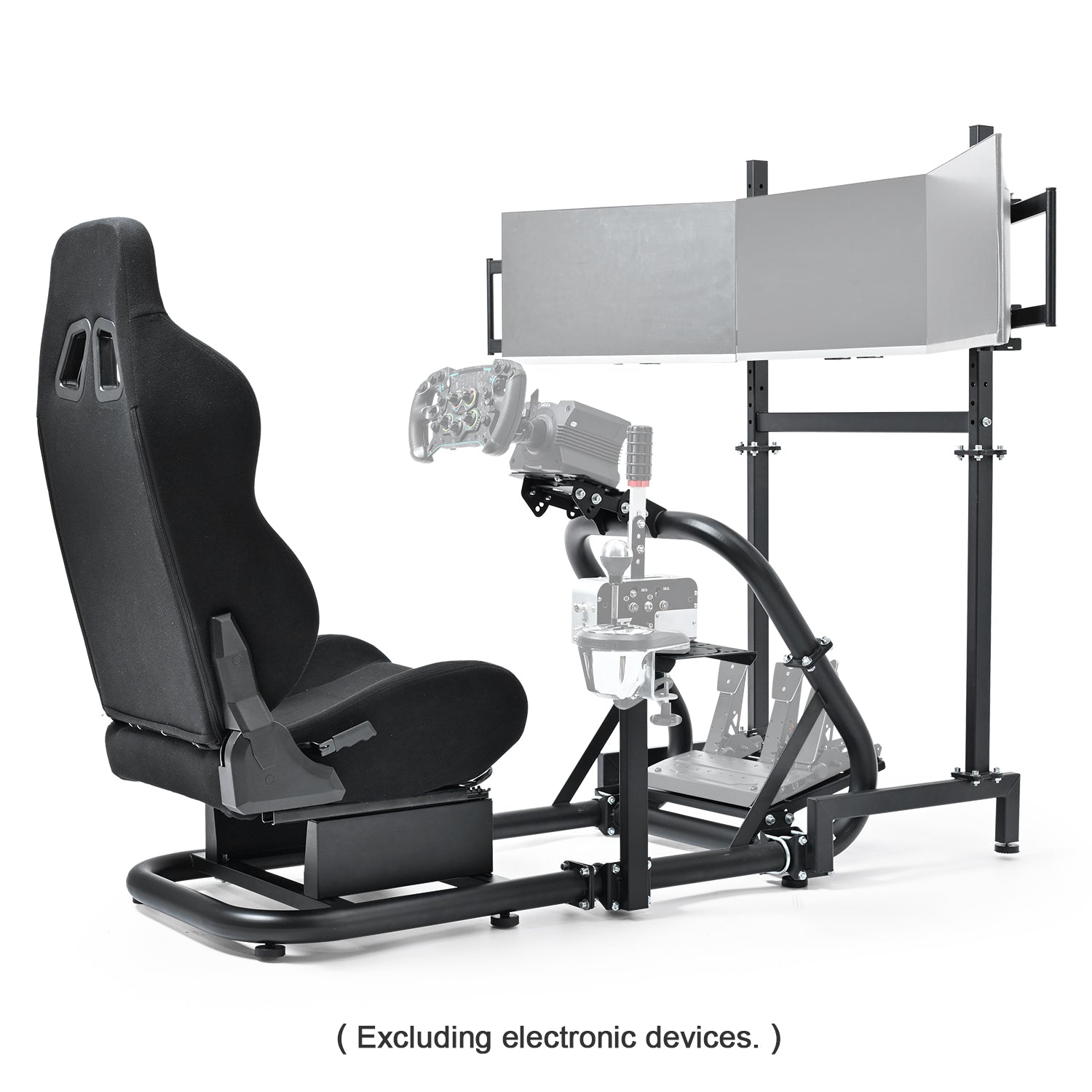 Minneer Racing Simulator Cockpit with triple monitor stand and black seat Compatible with Logitech/Thrustmaster/Fanatec G29 G920 G923 T300RS CSL-DD, excludes steering wheel, pedals, monitor and gear shifter