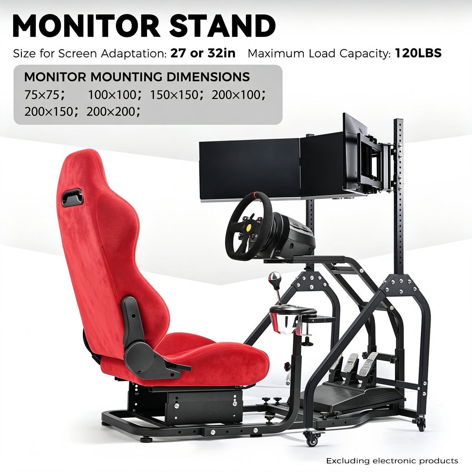 Minneer Steering Wheel Stand Racing Cockpit with Red Suede Seat Triple Monitor stand ,Unobstructed Design for Both Legs,Fit for Logitech/Thrustmaster G29,G920,G923,G25&T300RS,T80,T150 Adjustable, No Steering Wheel, Handbra