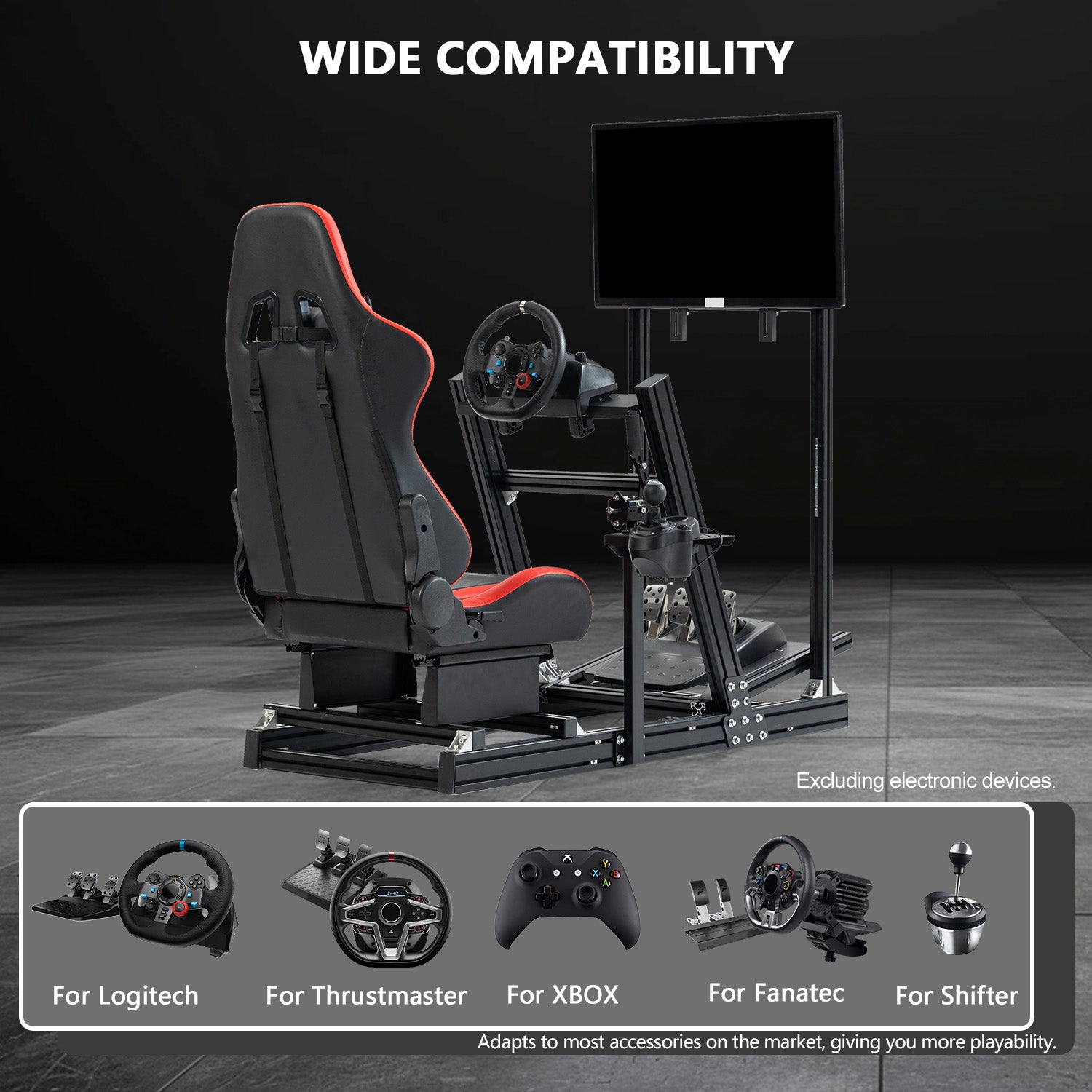 Minneer 4080 Aluminum Profile Racing Simulator Cockpit with Red Seat and Monitor Stand, Fully Adjustability, Fit for Logitech, Thrustmaster, Fanatec G29 G920 T248, Not Include Steering Wheel,Pedals,Handbrake,Monitor