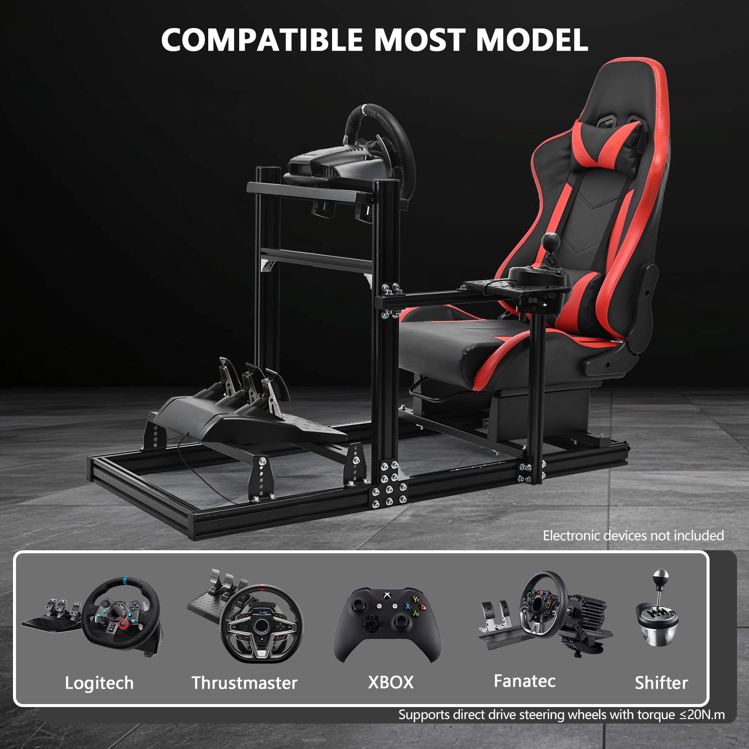 Minneer 3060 Aluminum Profile Racing Simulator Cockpit with Red Seat Fit Logitech G923G29