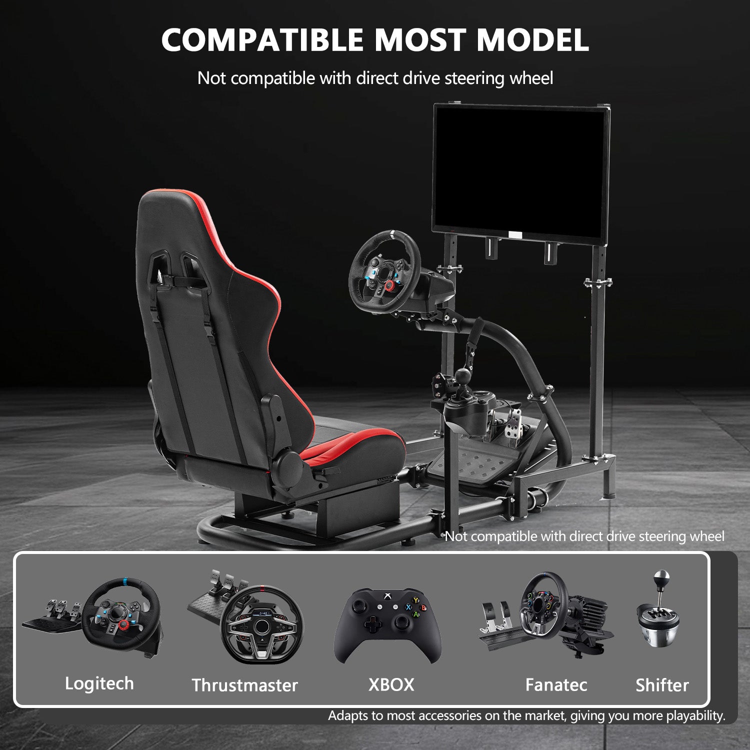 Minneer Racing Simulator Cockpit with Red Seat & Monitor Stand Fit Logitech Fanatec CSL-DD
