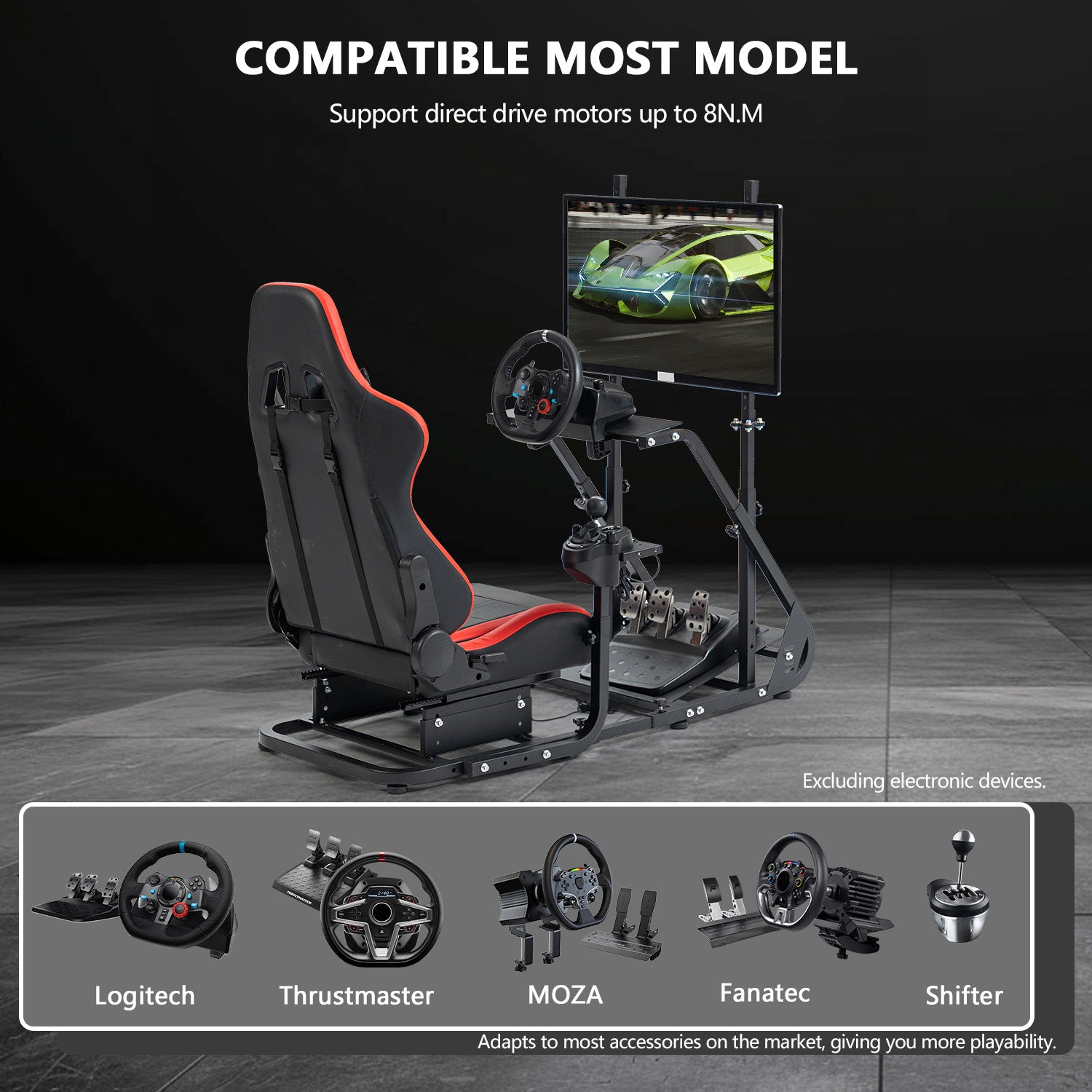 Minneer Racing Sim Cockpit with Red Seat and Monitor stand Fit Logitec