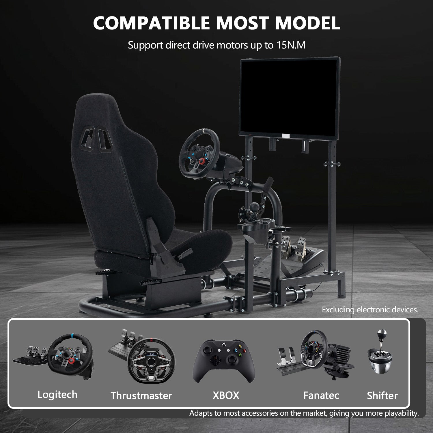 Minneer Racing Simulator Cockpit with Black Seat & TV Stand Fit Logitech Thrustmaster,Not Include Wheels Pedals and Shift Lever