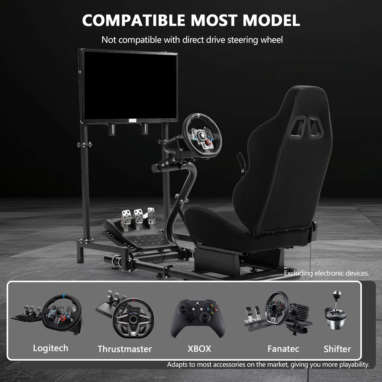 Minneer Comfortable Racing Simulator Cockpit with Black Seat & TV Stand Fit Logitech Fanatec