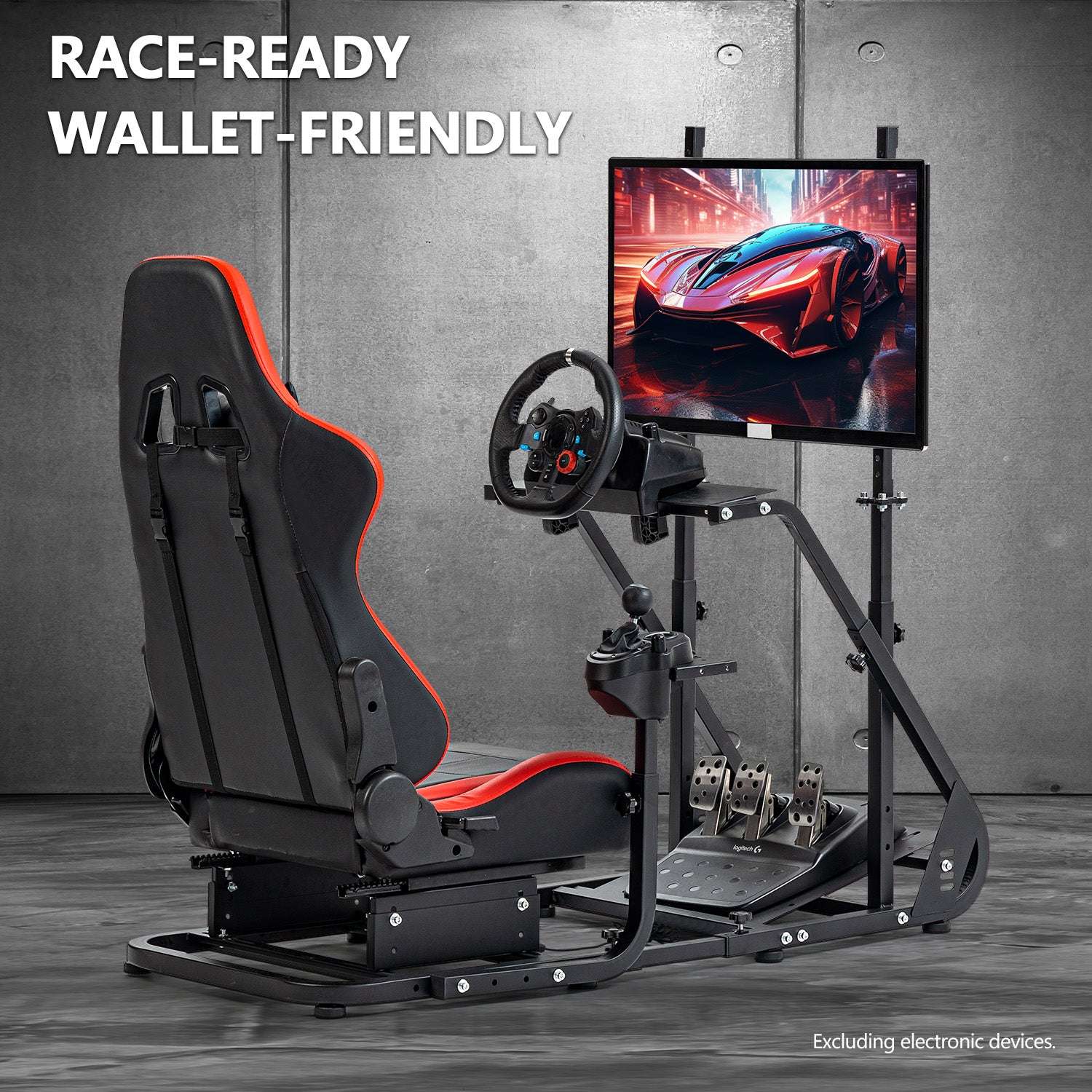 Minneer Racing Sim Cockpit with Red Seat and Monitor stand Fit Logitec