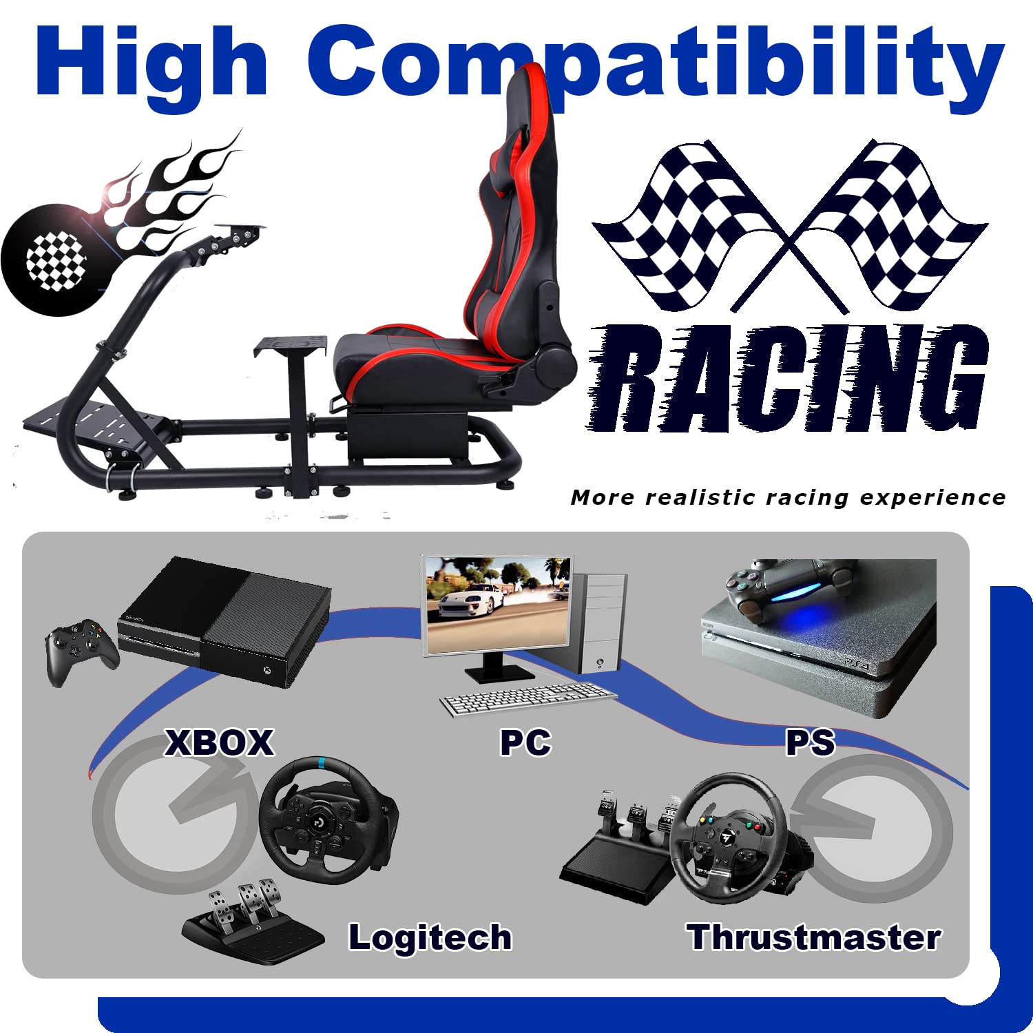 Minneer Sim Racing Cockpit with Seat Fit Logitech G29 G920 G923  Thrustmaster T300RS