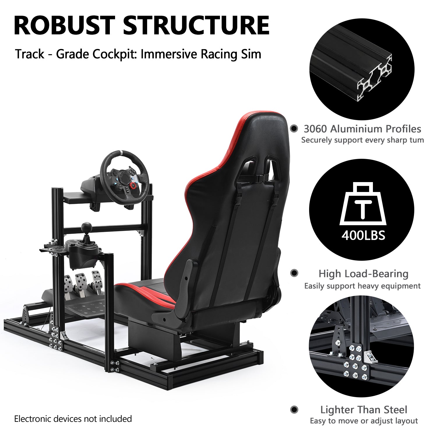 Minneer 3060 Aluminum Profile Racing Simulator Cockpit with Red Seat Fit Logitech G923G29