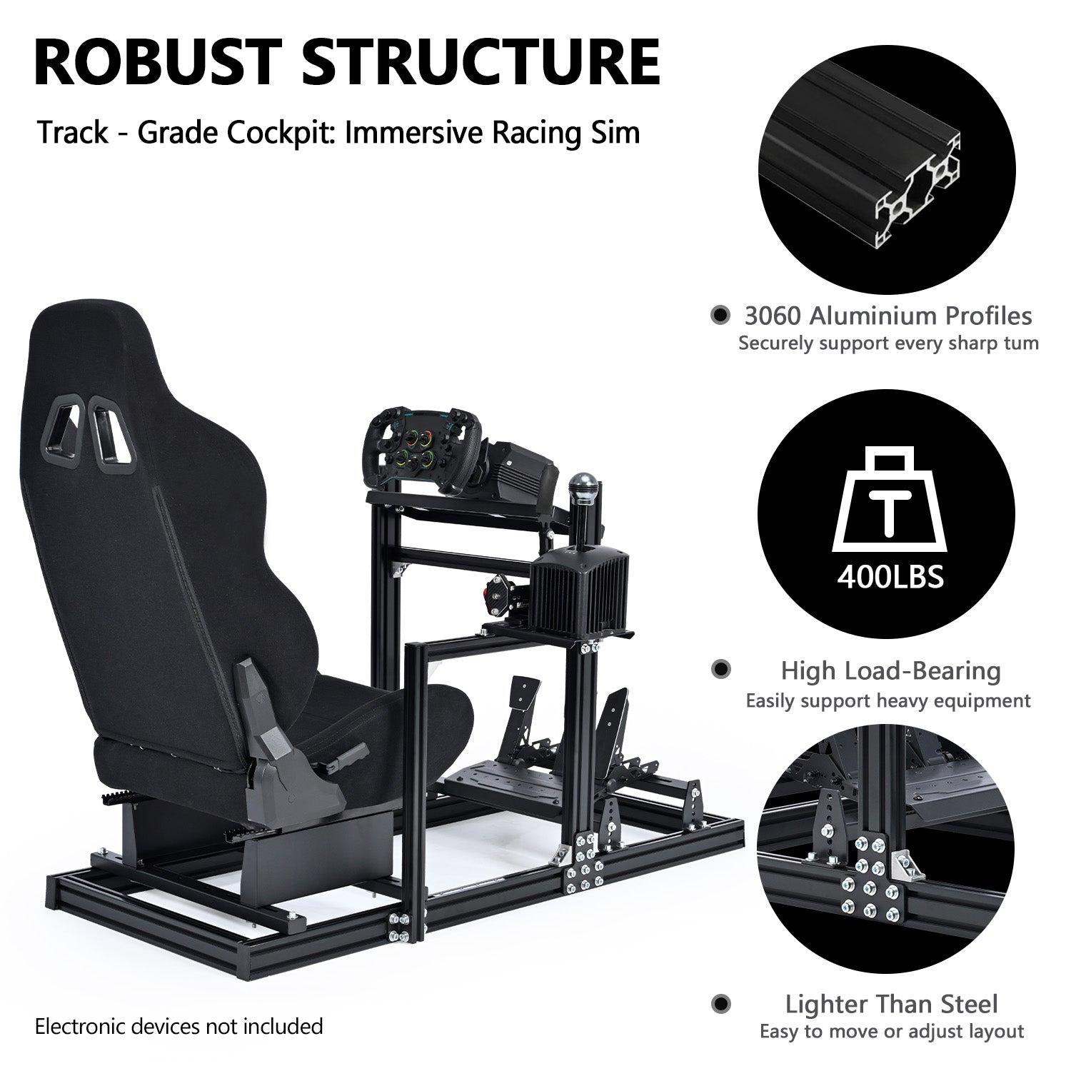 Minneer F1 3060 Aluminum Racing Sim Cockpit with Black Seat Fit for Logitech G29 G923