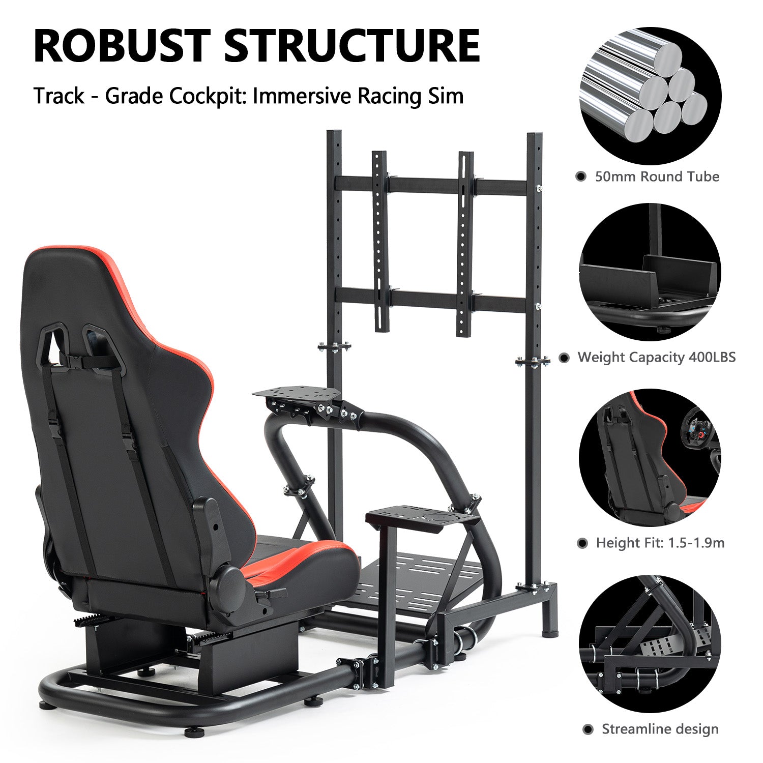Minneer Racing Simulator Cockpit with Red Seat & Monitor Stand Fit Logitech Fanatec CSL-DD