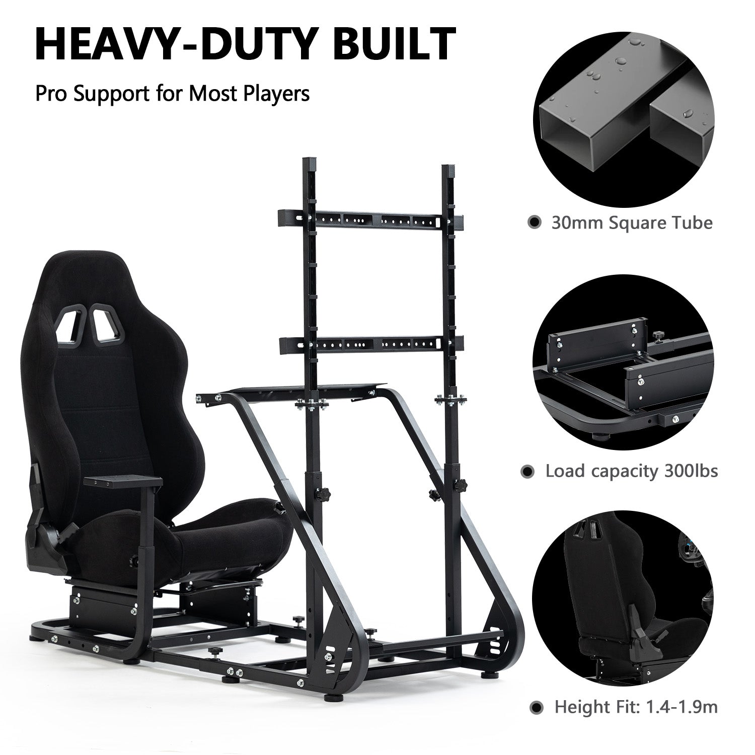 Minneer Adjustable Racing Simulator Cockpit with Black Seat and Monitor Mount Fit Logitech Fanatec