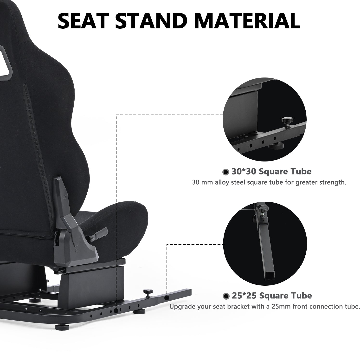 Minneer Racing Simulator Cockpit Seat Mount with black seat for Steering Wheel Stand Square Tube