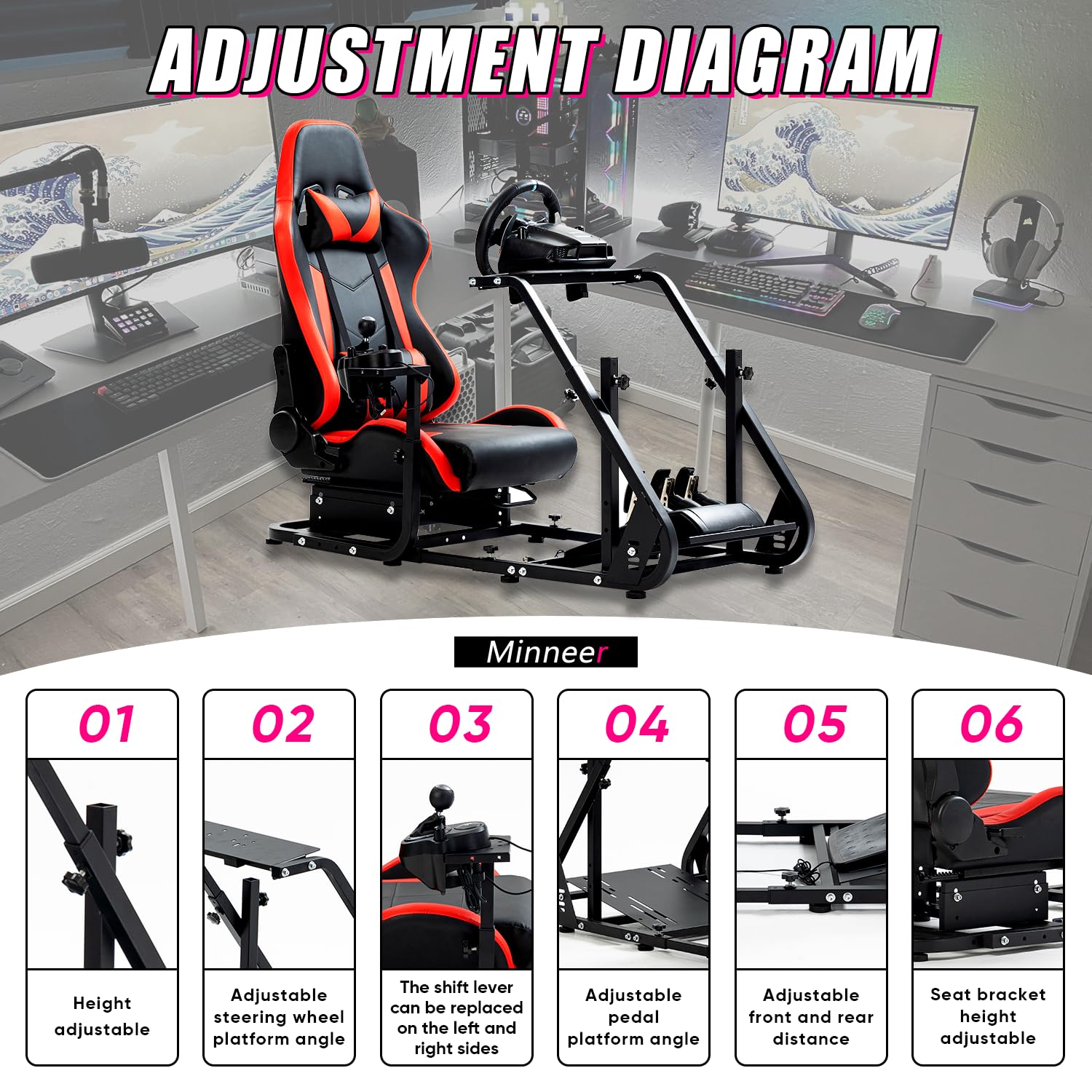 Minneer Racing Simulator Cockpit Stable with Seat Fit Logitech G29 G920 GPRO Fanatec CSL-DD