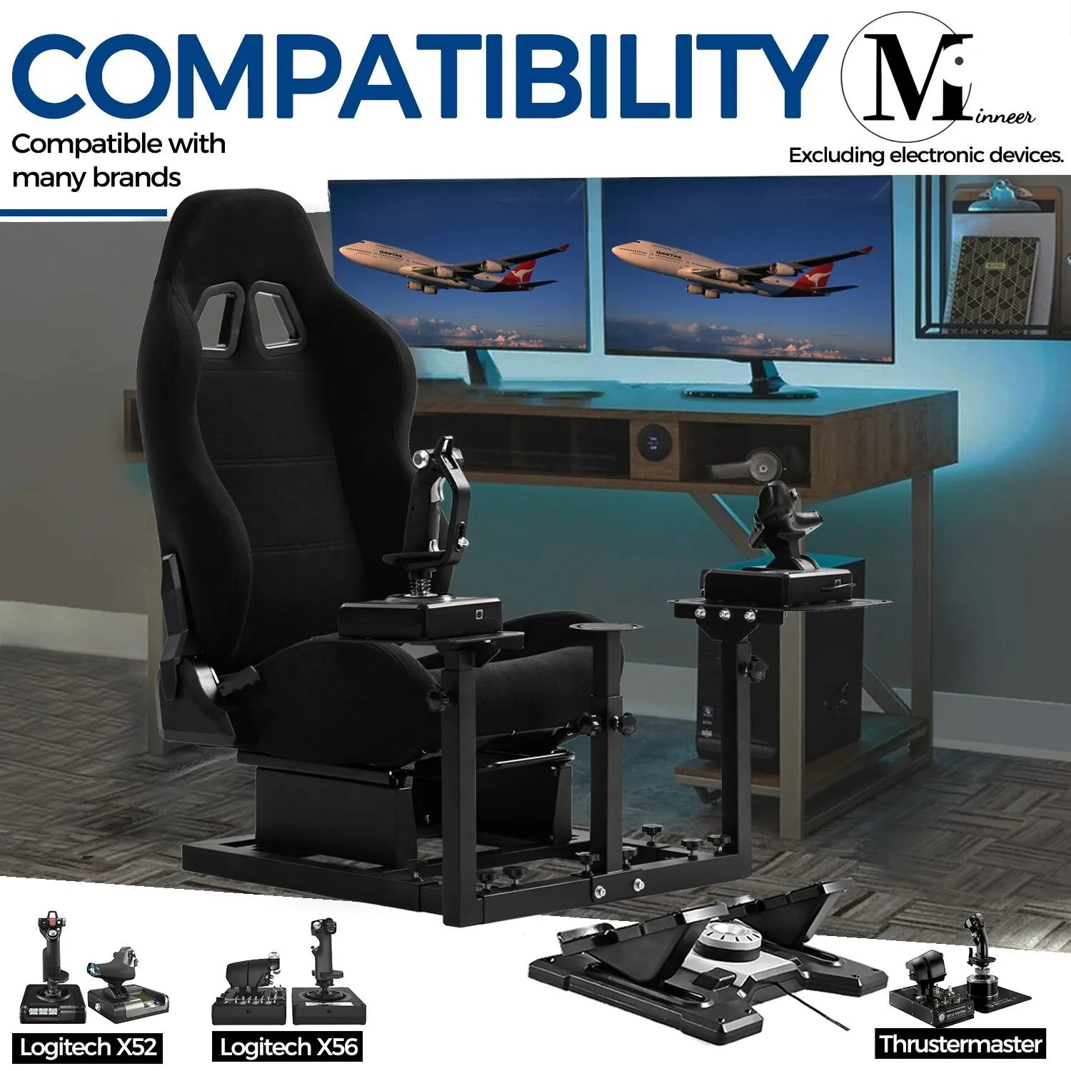 Minneer Flight Simulator Cockpit Stand with Black Seat Fit Logitech X52 X56 Thrustmaster A10C HotasWarth