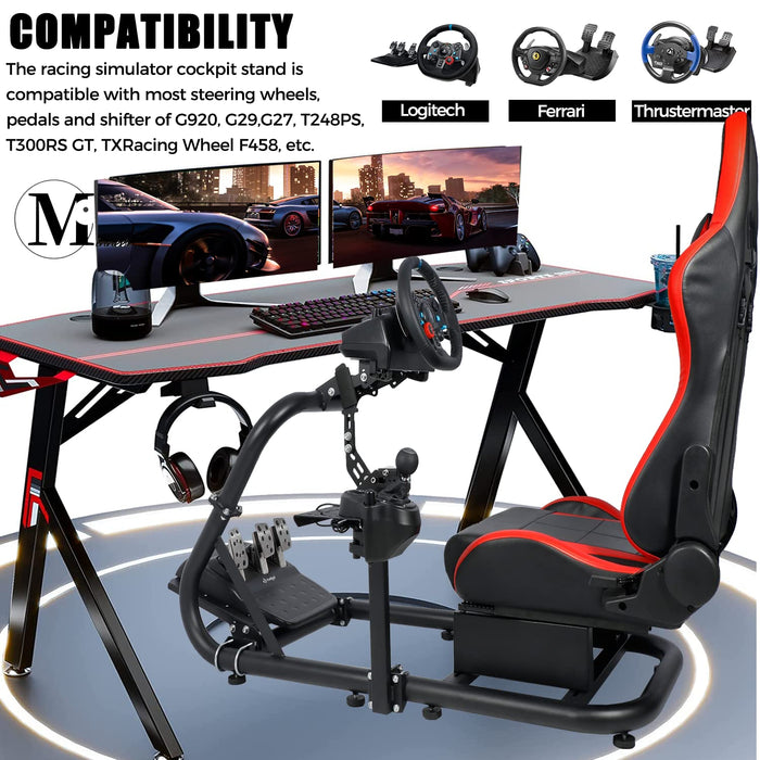 Minneer™ Racing Simulator Cockpit with Seat Fits for Logitech G25 G923 Fanatec Thrustmaster Driving Simulation Cockpit Single Arm Game Accessories Steering Wheel Pedal Handbrake Not Included
