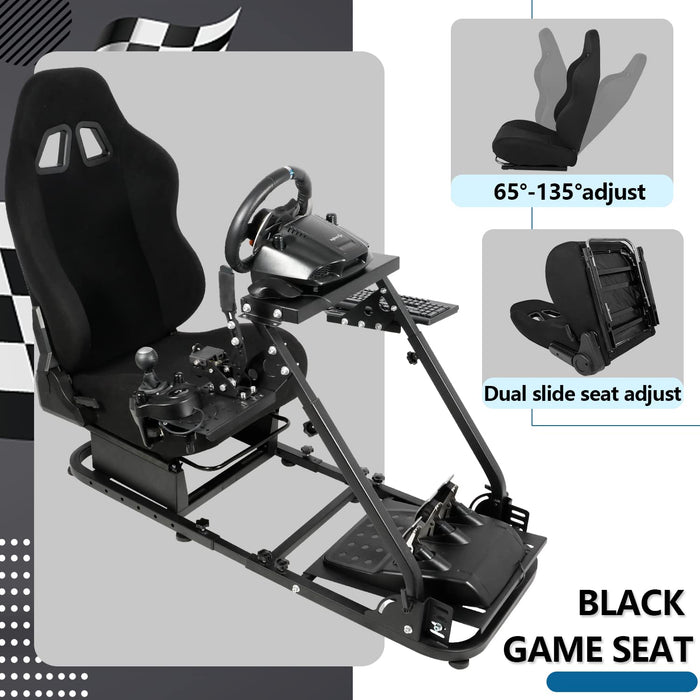 Minneer™ Flight Sim Cockpit with Black Seat and Racing Wheel Stand for Driving and Flight Simulator Support for HOTAS Warthog, Thrustmaster,Logitech Adjustable Throttle,Joystick,Keyboard not Included