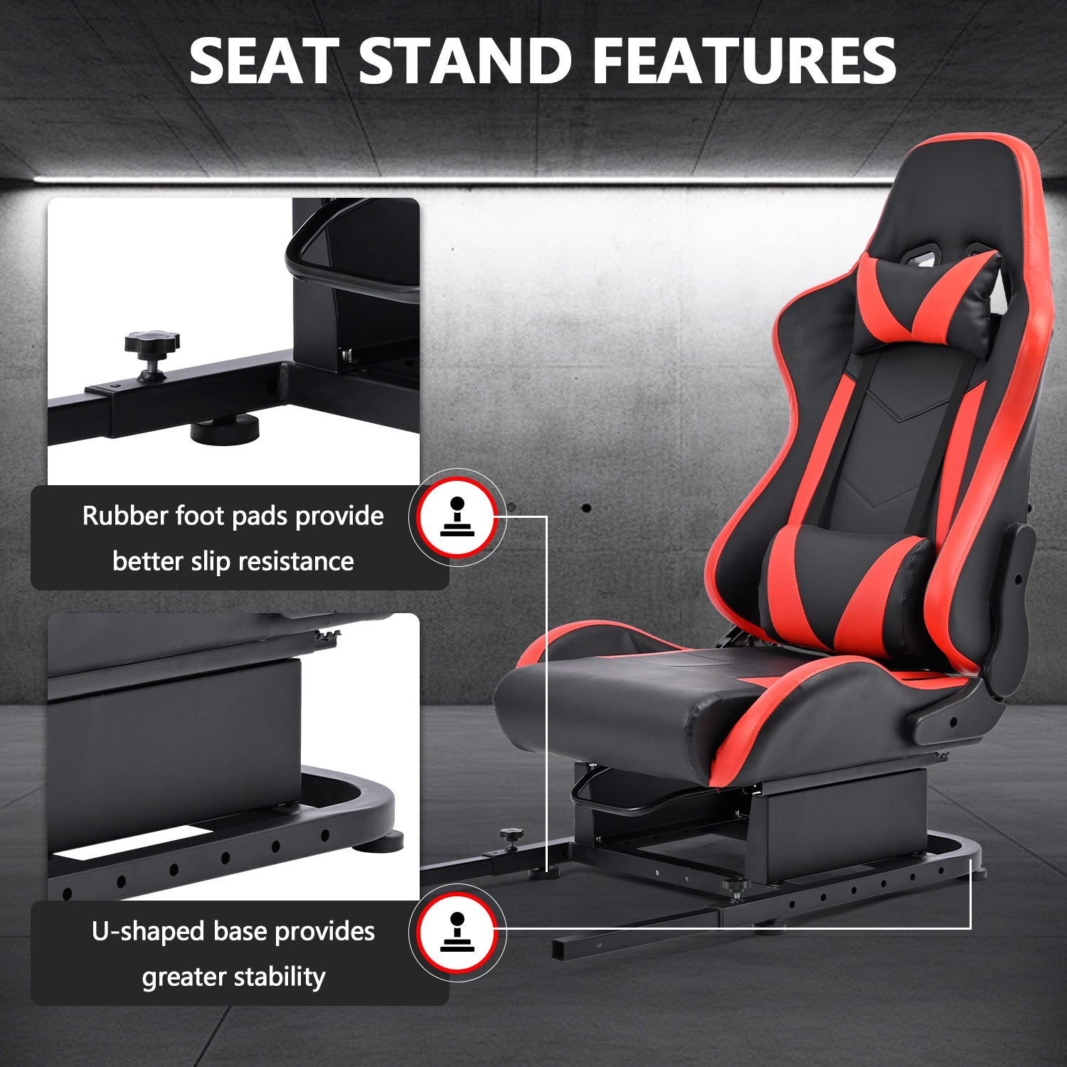 Minneer Racing Simulator Cockpit Seat Mount with red seat for Steering Wheel Stand Square Tube