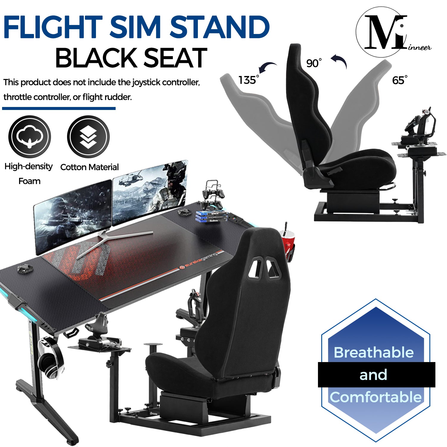 Minneer Flight Simulator Cockpit Stand with Black Seat Fit Logitech X52 X56 Thrustmaster A10C HotasWarth