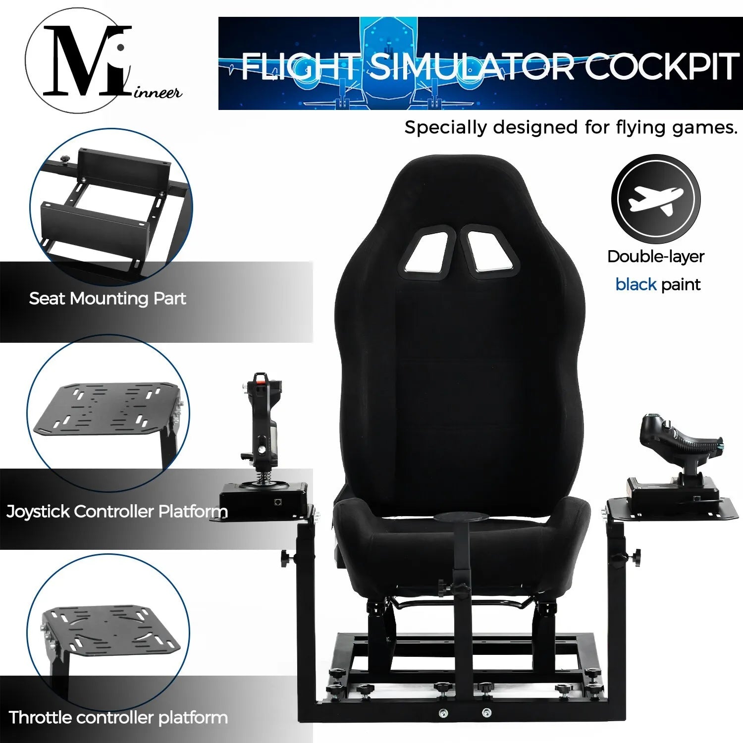 Minneer Flight Simulator Cockpit Stand with Black Seat Fit Logitech X52 X56 Thrustmaster A10C HotasWarth