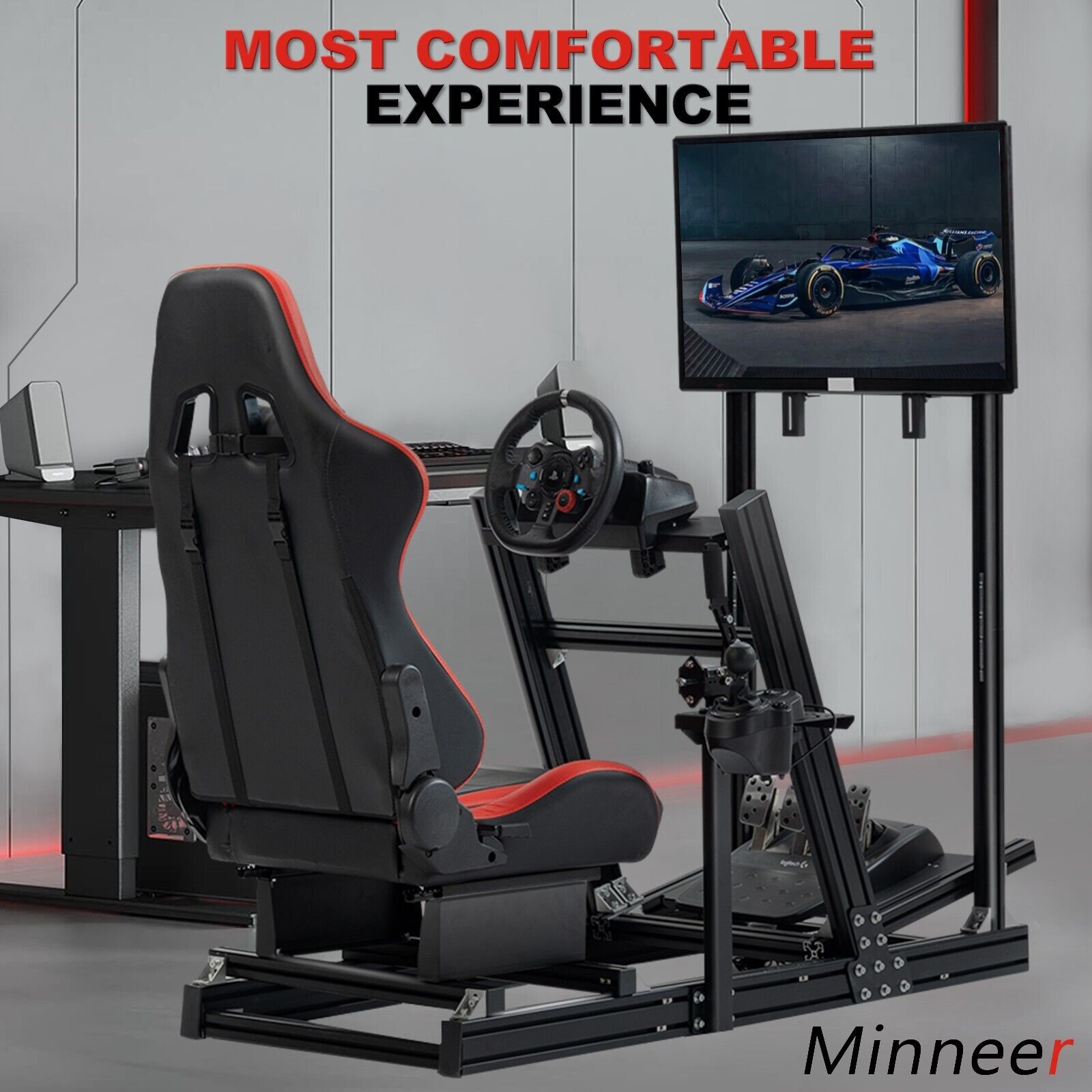 Minneer Aluminum Racing simulator Cockpit with Seat & Monitor Stand Fit Logitech Fanatec CSL-DD