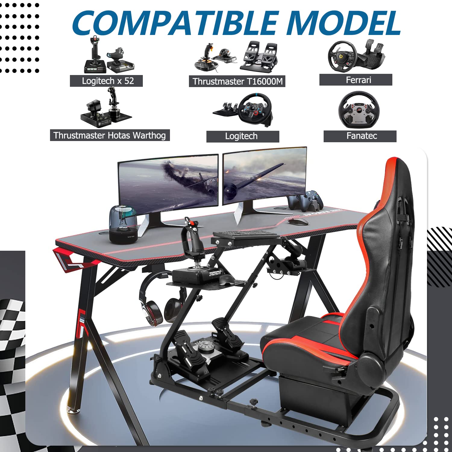 Minneer Racing Flight Sim Cockpit with Seat Adjustable Fit Logitech Thrustmaster