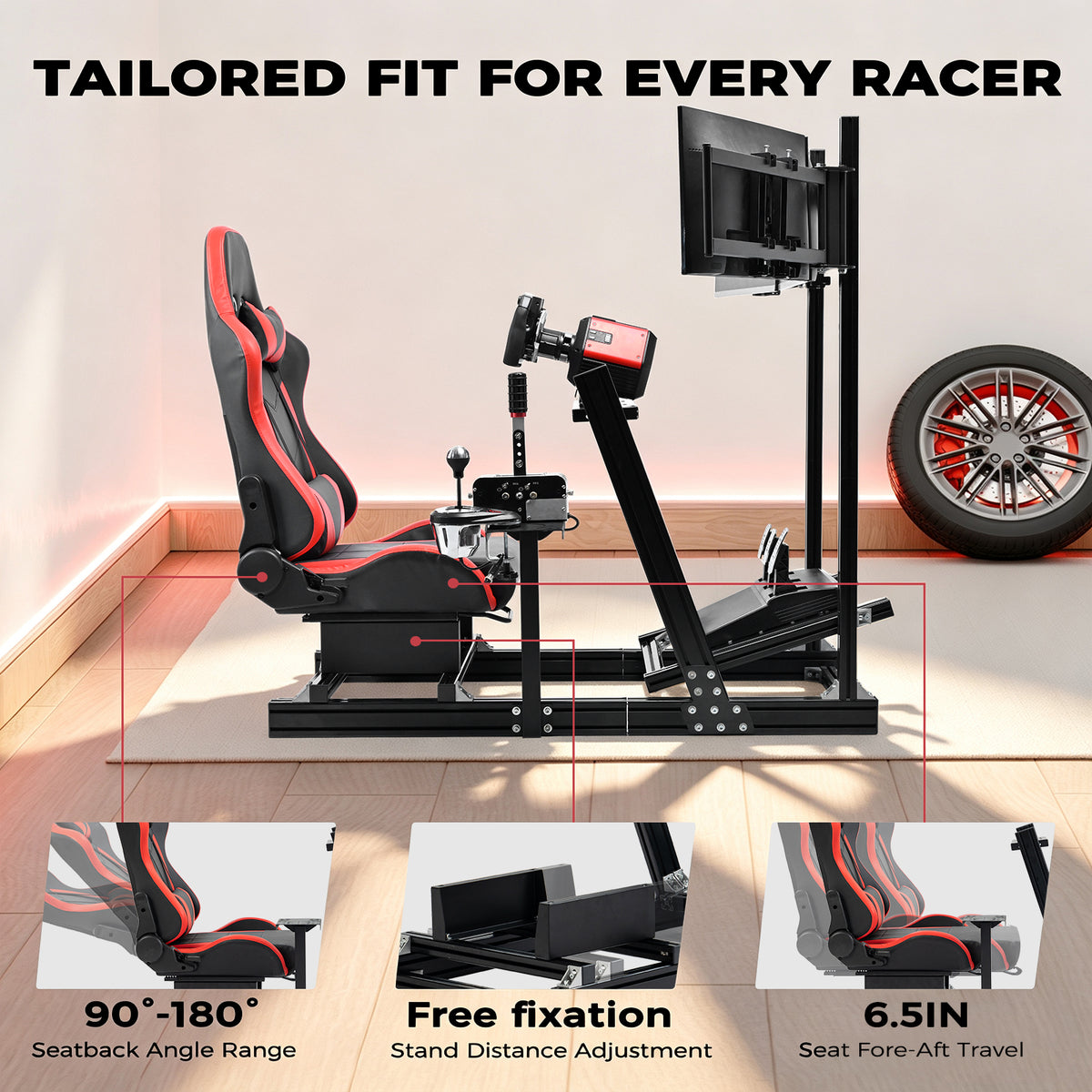 Minneer 4080 Aluminum Racing Simulator Cockpit with Black Seat and Triple Monitor Stand, Fully Adjustability, Fit for Logitech, Thrustmaster, Fanatec G29 G920 T248, Not Include Steering Wheel,Pedals,Handbrake,Monitor