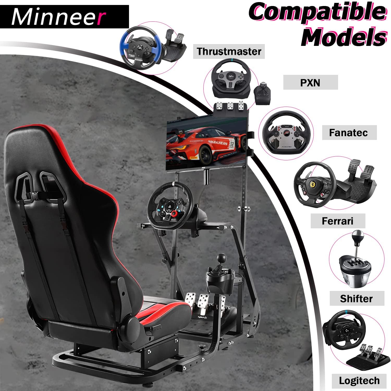 Minneer Racing Sim Cockpit with Seat and Monitor stand Fit Logitech  Thrustmaster