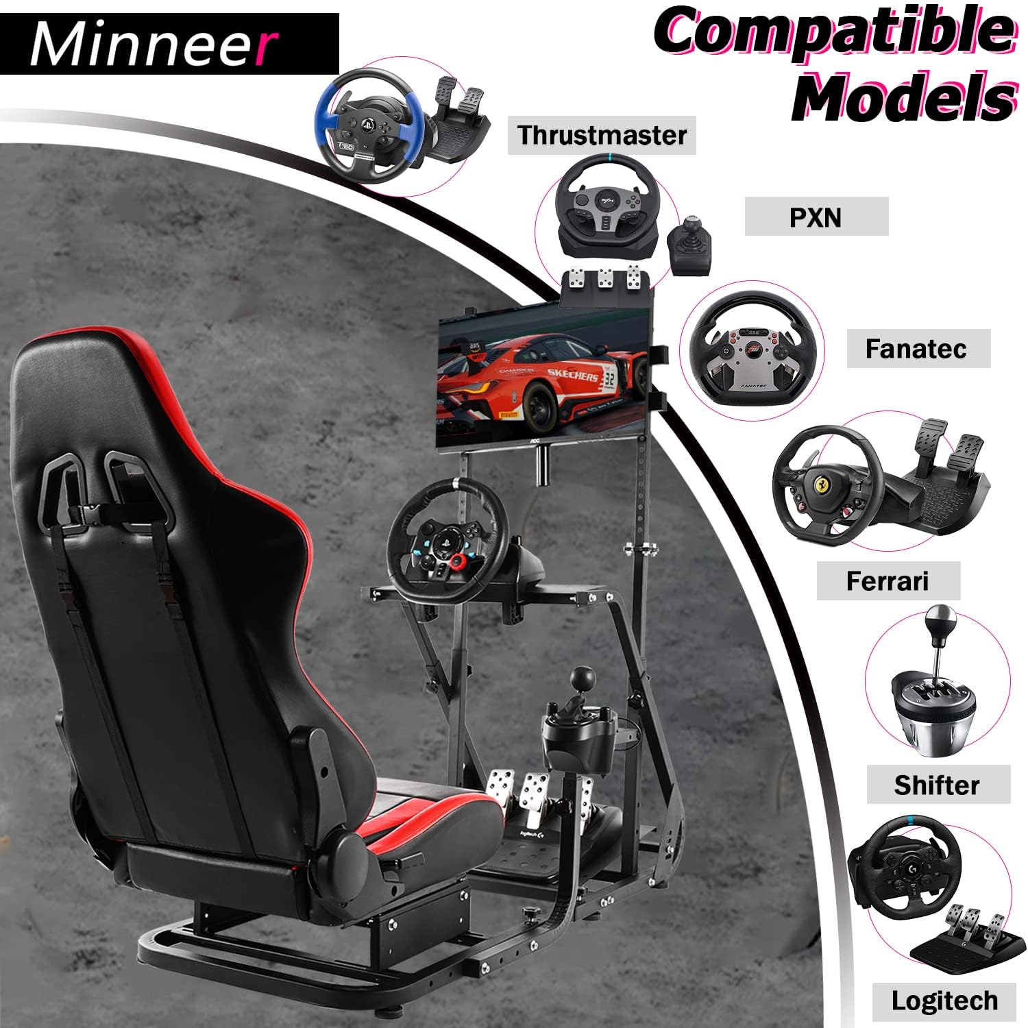 Minneer Racing Sim Cockpit with Seat and Monitor stand Fit Logitech Thrustmaster