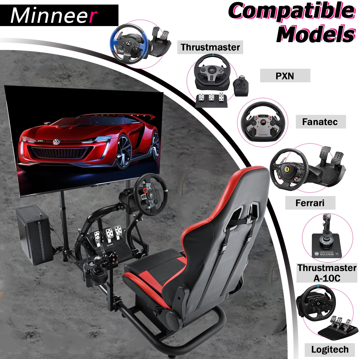 Minneer Racing Simulator Cockpit with Seat & Monitor Stand Fit Logitech Fanatec CSL-DD