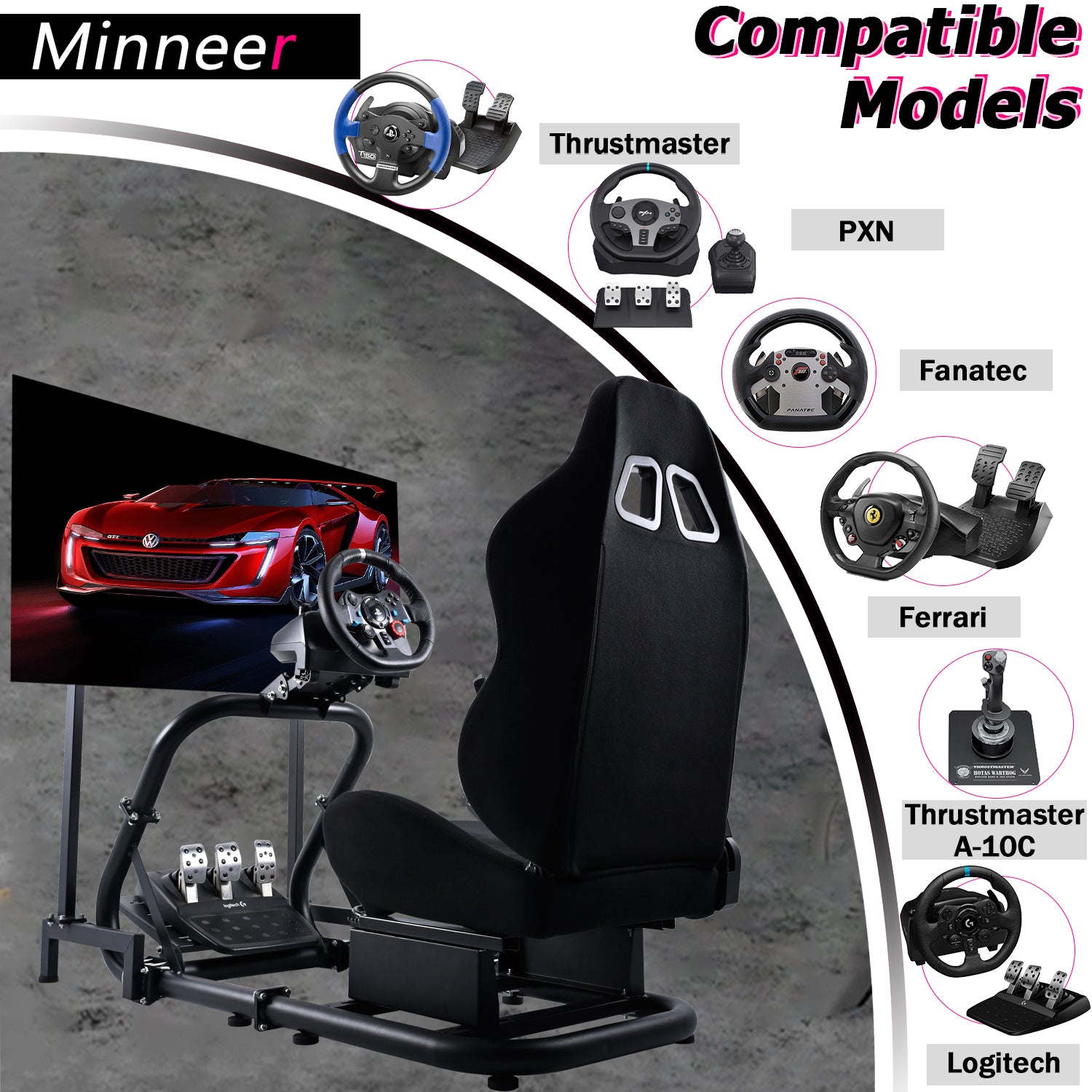 Minneer Driving Simulator Cockpit with Seat and Monitor Mount Fit Logitech Fanatec