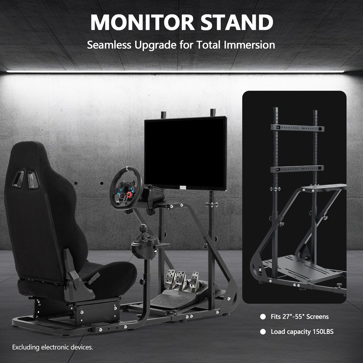 Minneer Adjustable Racing Simulator Cockpit with Black Seat and Monitor Mount Fit Logitech Fanatec