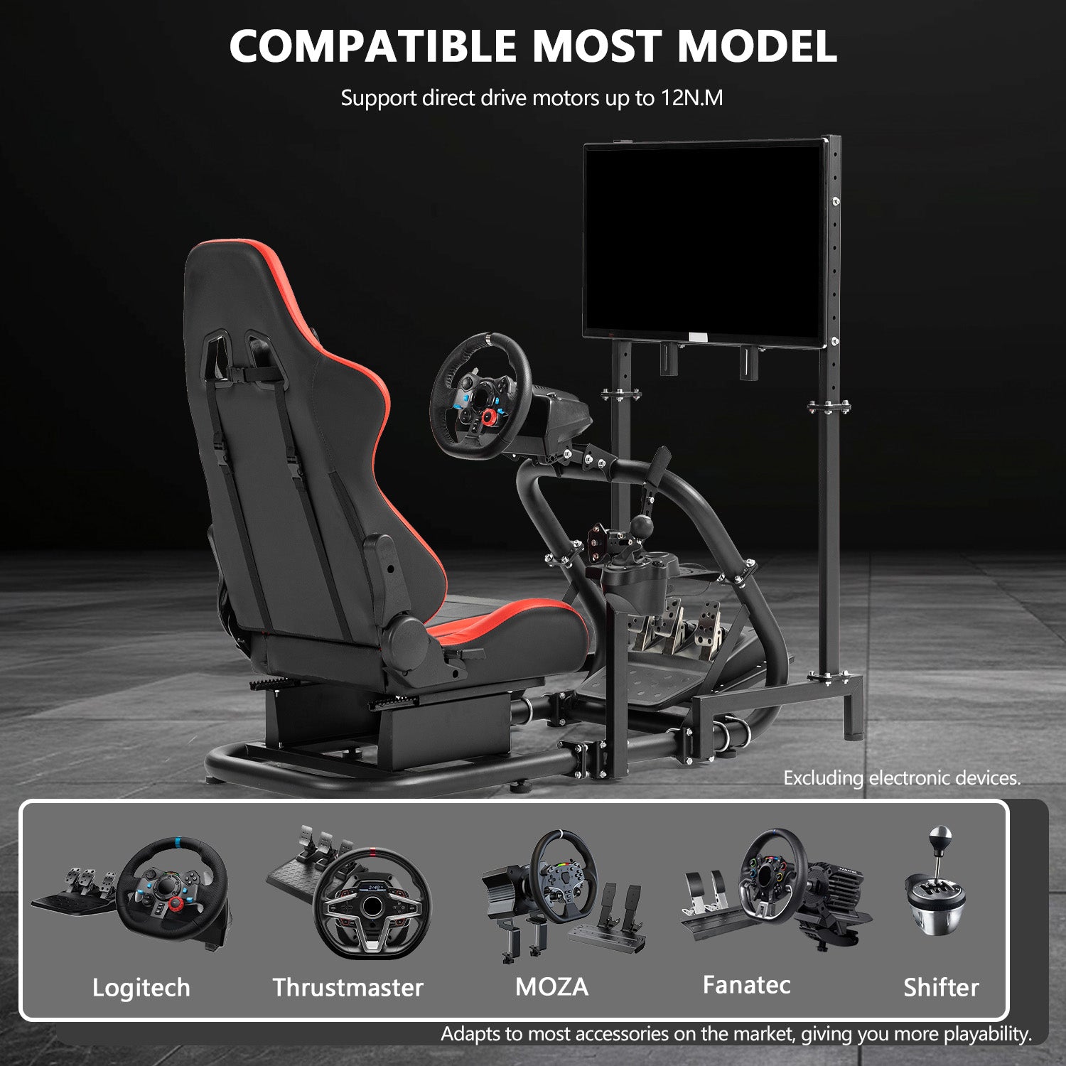 Minneer Racing Simulator Cockpit with Red Seat & Monitor Stand Fit Logitech Fanatec CSL-DD