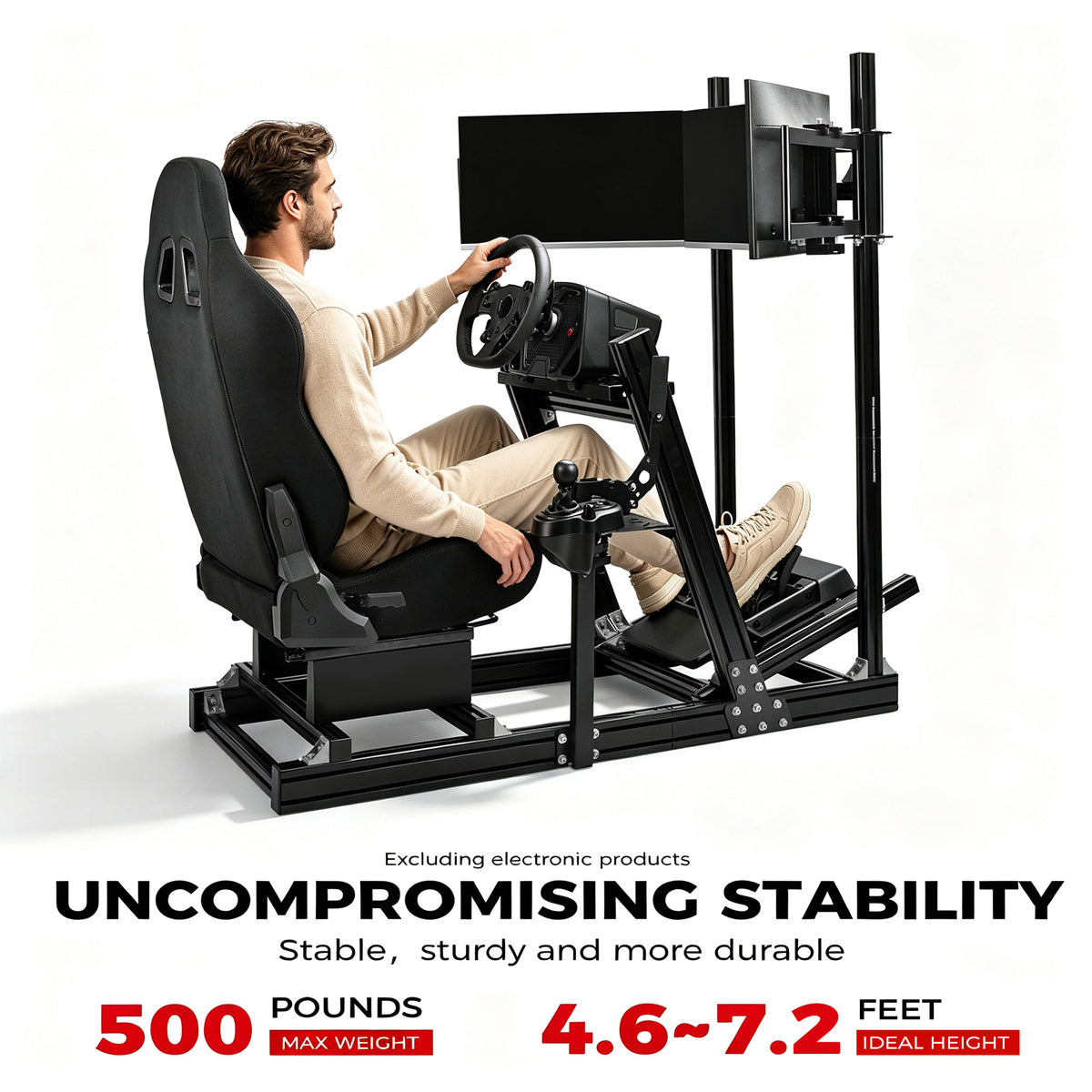 Minneer 4080 Aluminum Racing Simulator Cockpit with Black Seat and Triple Monitor Stand, Fully Adjustability, Fit for Logitech, Thrustmaster, Fanatec G29 G920 T248, Not Include Steering Wheel,Pedals,Handbrake,Monitor