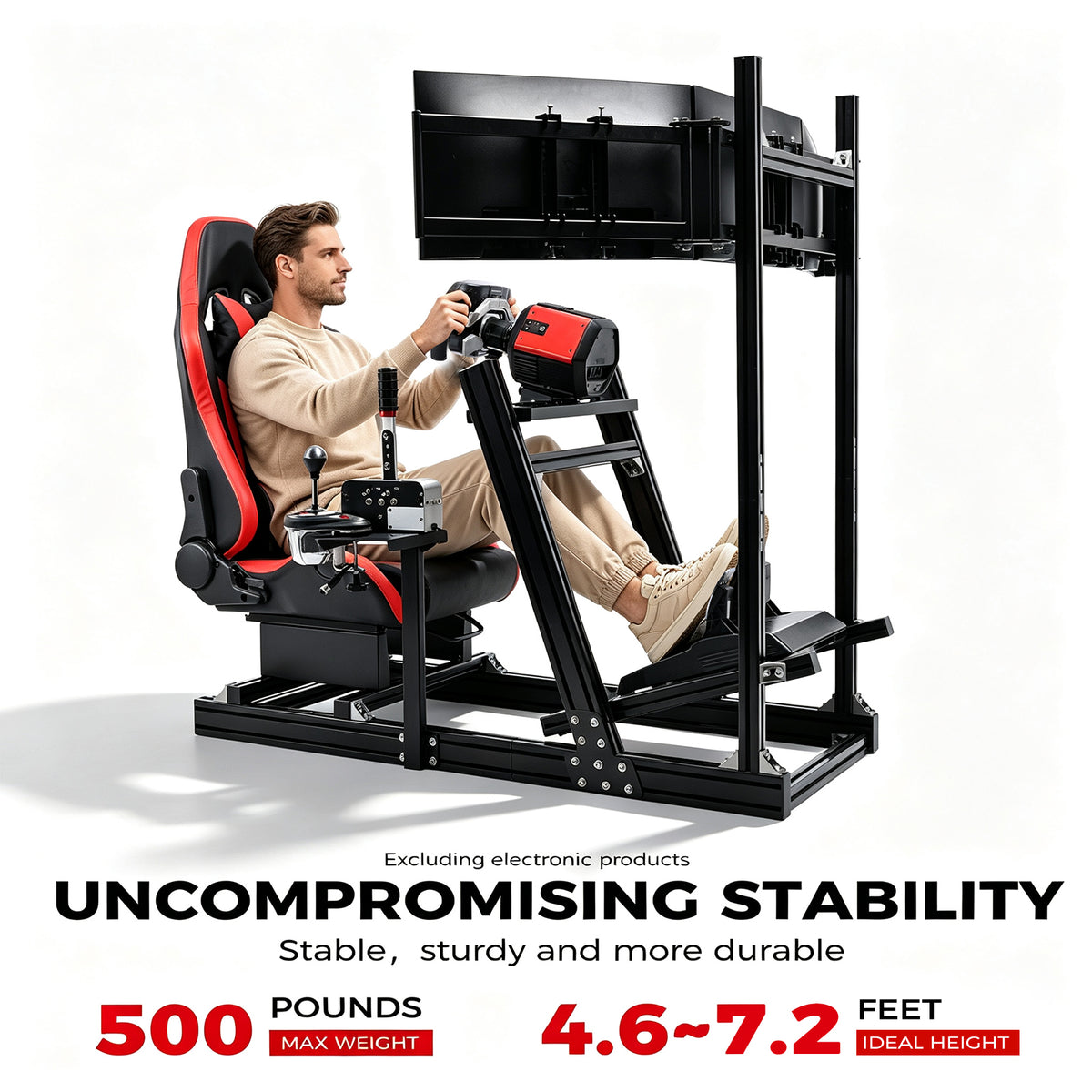 Minneer 4080 Aluminum Racing Simulator Cockpit with Black Seat and Triple Monitor Stand, Fully Adjustability, Fit for Logitech, Thrustmaster, Fanatec G29 G920 T248, Not Include Steering Wheel,Pedals,Handbrake,Monitor
