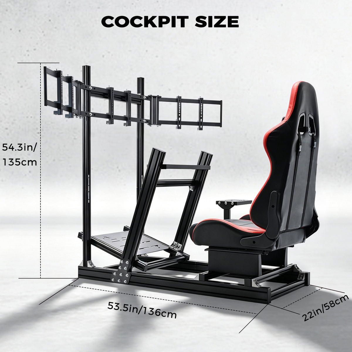Minneer 4080 Aluminum Racing Simulator Cockpit with Black Seat and Triple Monitor Stand, Fully Adjustability, Fit for Logitech, Thrustmaster, Fanatec G29 G920 T248, Not Include Steering Wheel,Pedals,Handbrake,Monitor