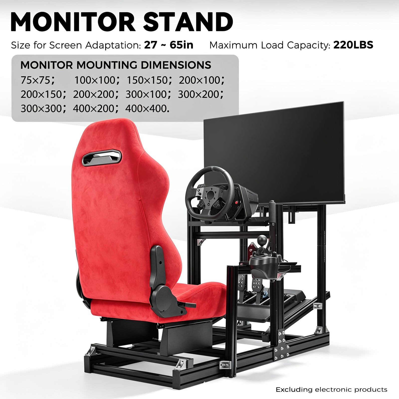 Minneer Racing Simulator Cockpit with Red Suede Seat and Monitor Stand, Fit for Logitech G29 G920 G923, for Thrustmaster, for Fanatec T128, Adjustable Steering Wheel Stand, Not Included Wheel,Pedals and Shifter